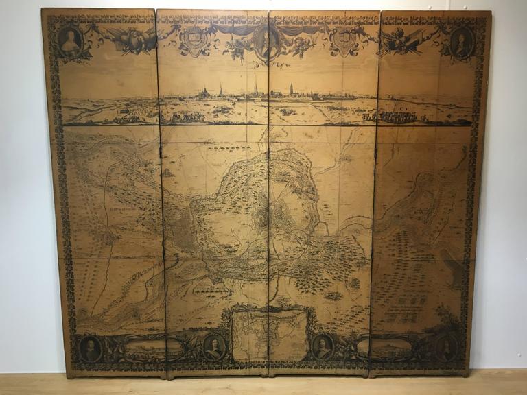 Lovely four-panel screen depicting the Siege of Arras in 1654. The conflict was fought between the French and Spanish, ending in victory for the French army. The front of the screen depicts a map of the encampments and battle lines along with
