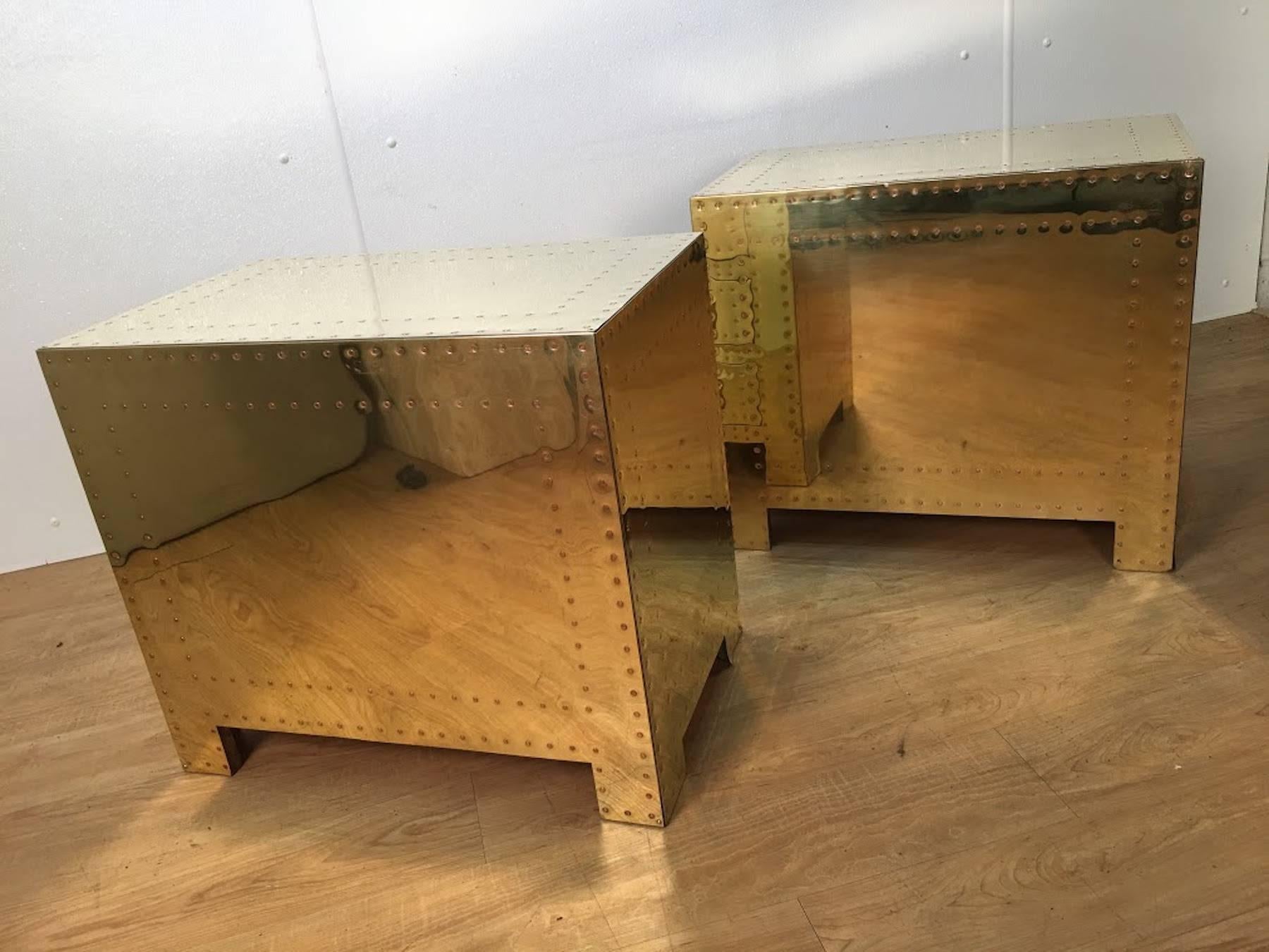 Pair of Brass Campaign Style Studded Chests or Nightstands, with 3 drawers Each In Excellent Condition In Oaks, PA