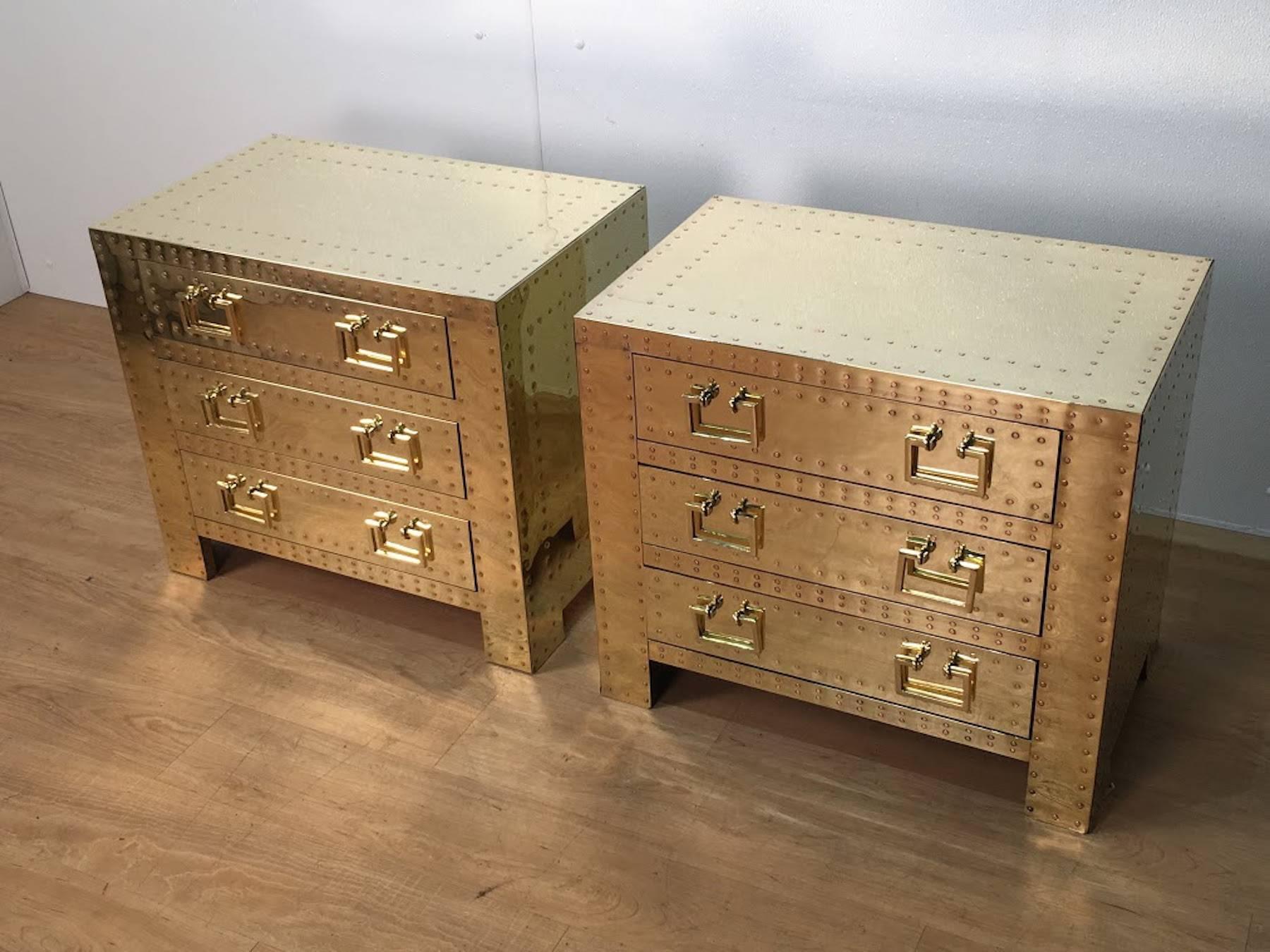 Late 20th Century Pair of Brass Campaign Style Studded Chests or Nightstands, with 3 drawers Each