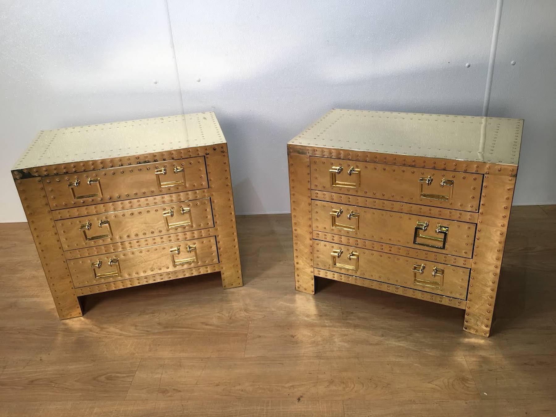 Pair of Brass Campaign Style Studded Chests or Nightstands, with 3 drawers Each 2
