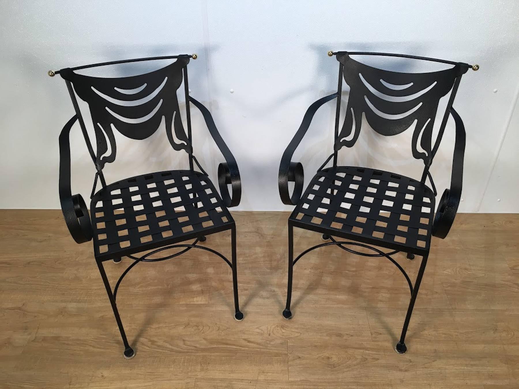 Painted Four Italian Iron and Brass Neoclassical Garden Armchairs