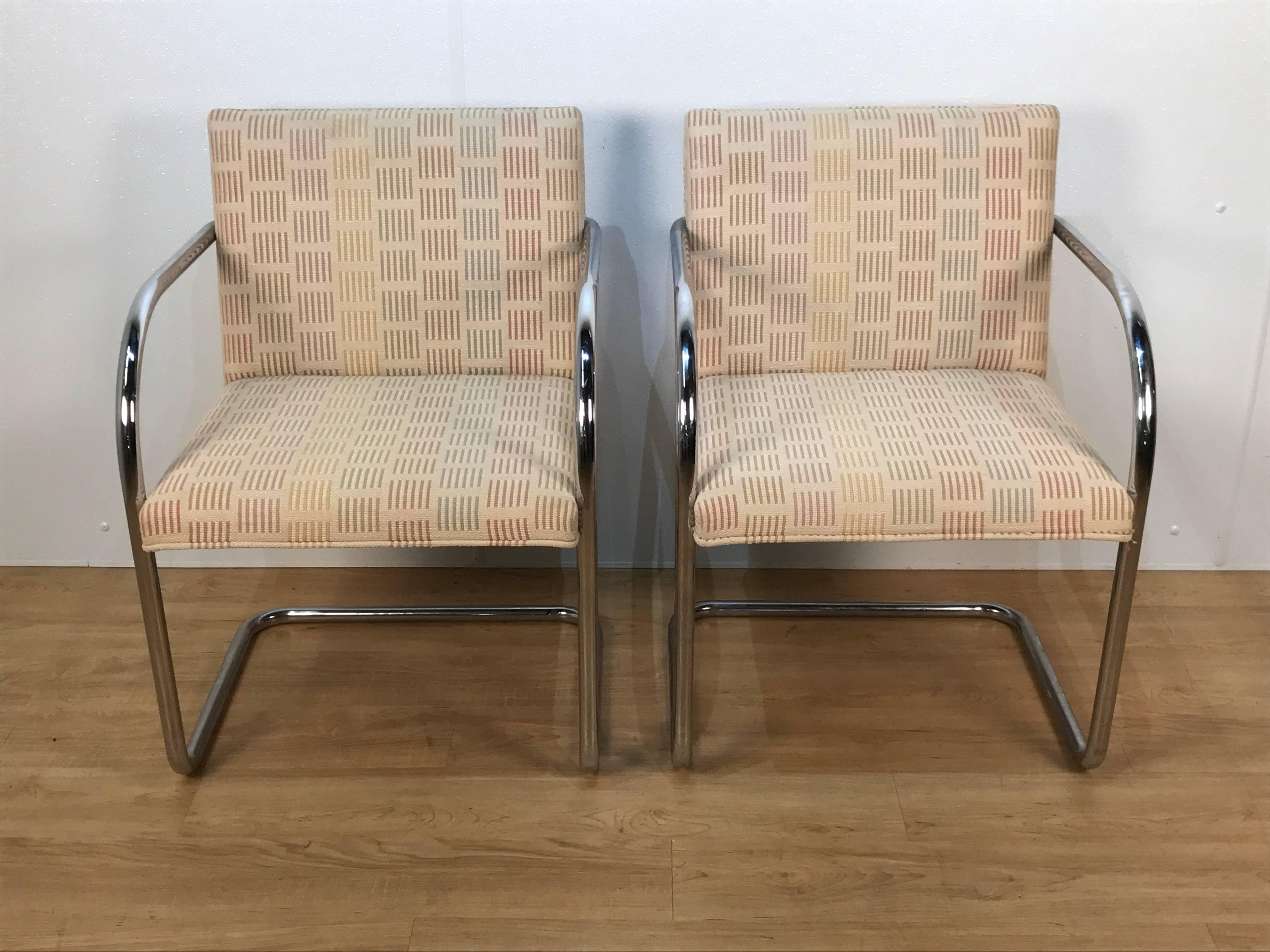 Eight Mid-Century Brono tubular chairs, designed by Ludwig Mies van der Rohe, each one with tubular chrome steel cantilevered frames and vintage upholstery
Originally designed by Mies van der Rohe for his Tugendhat House in Brno, Czech Republic, in