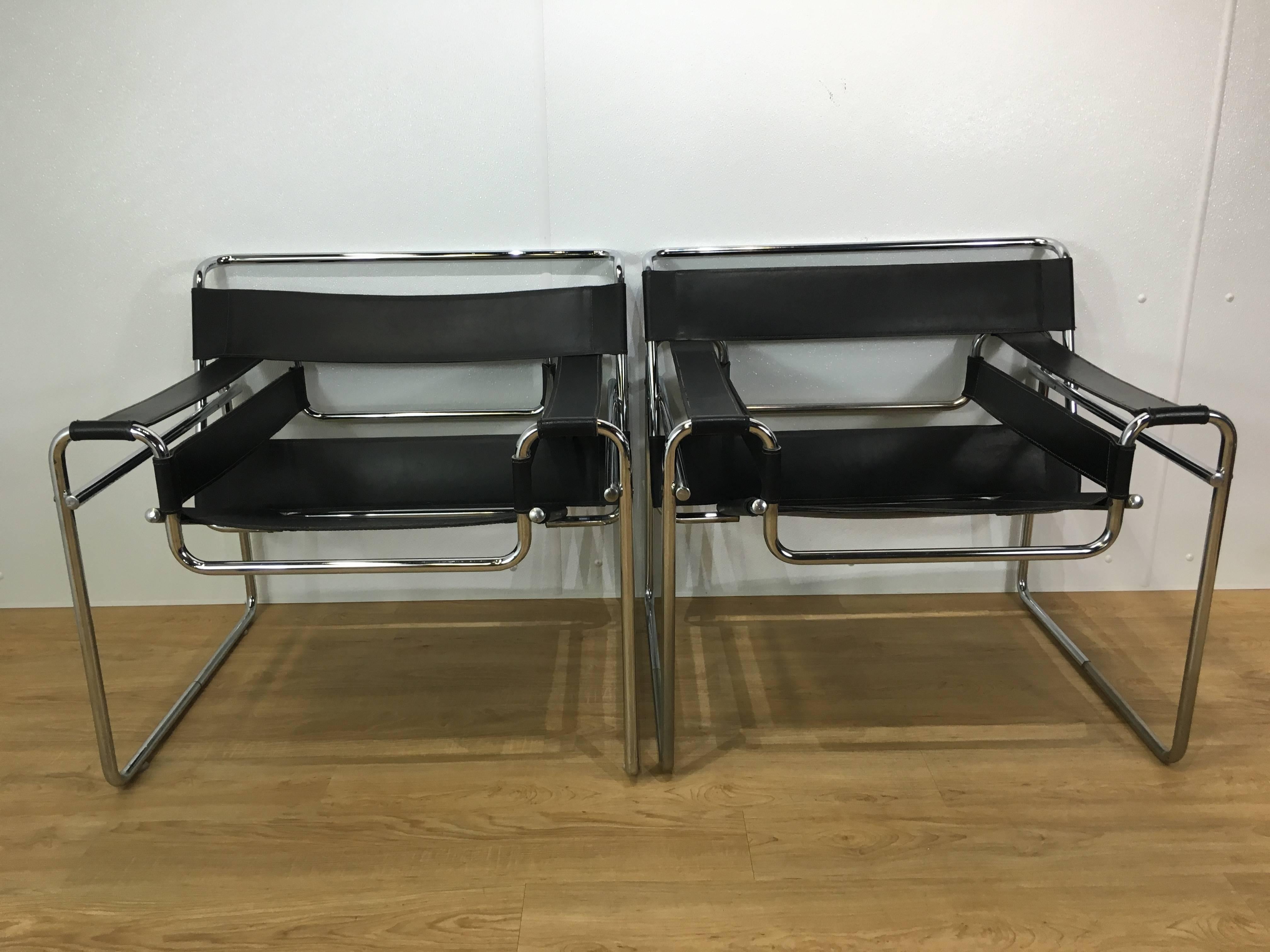 Pair of black leather and chrome B-3 Wassily chairs, after Marcel Breuer, fine quality leather and bright chrome frame.