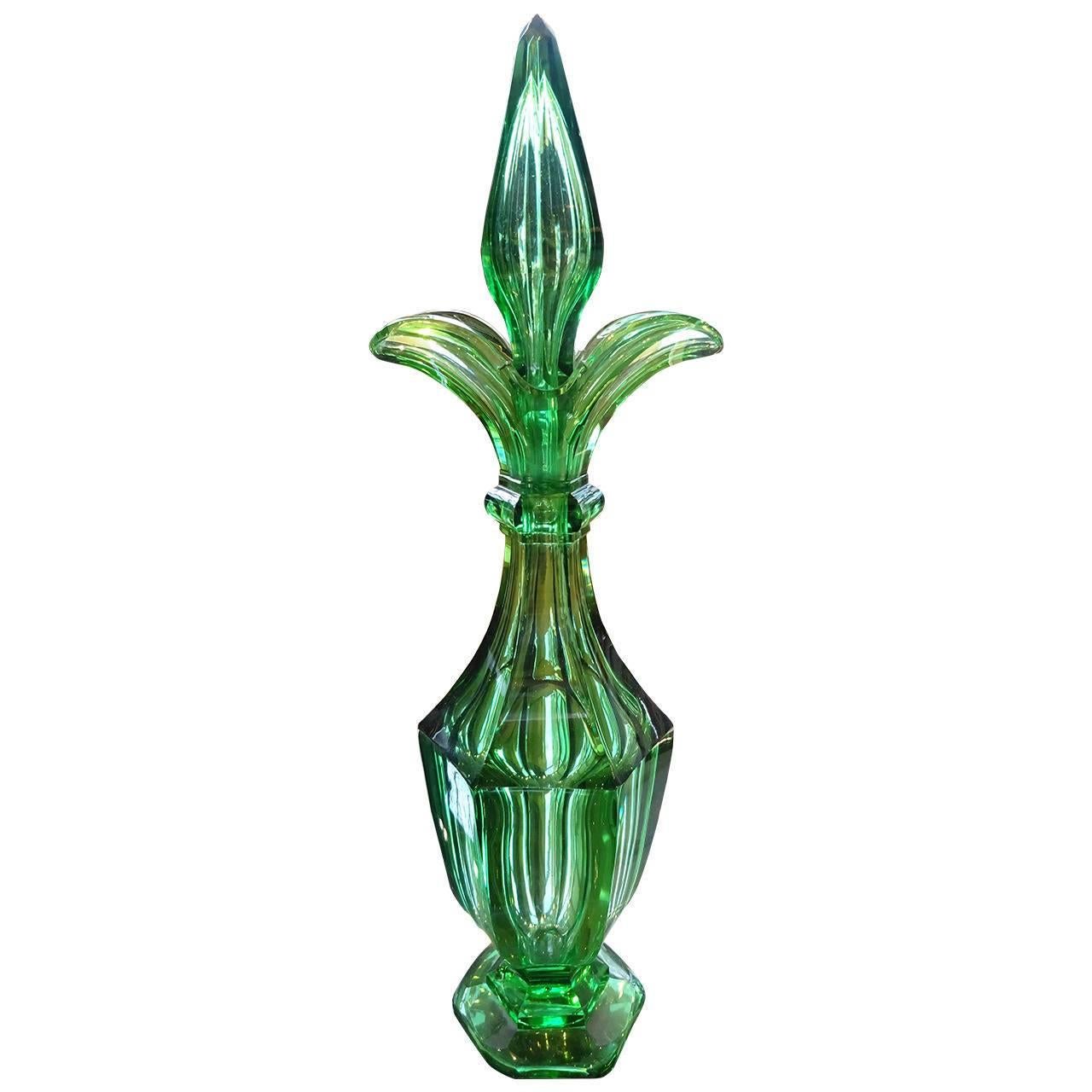 Austrian Antique Biedermeier Emerald Green Cut Crystal Decanter