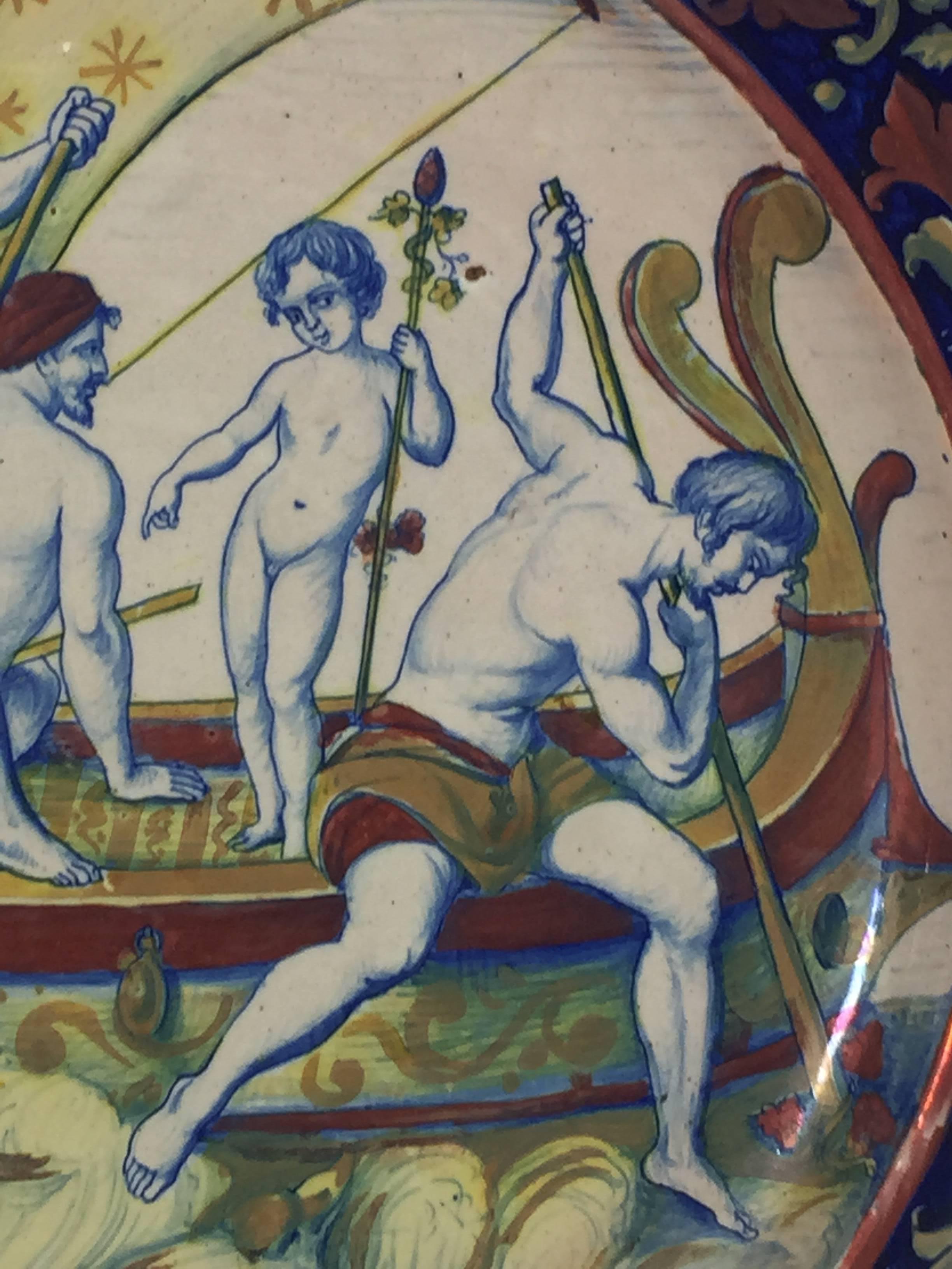 Italian Faience Charger of the Kidnapping of Dionysus or Bacchus In Good Condition In Oaks, PA