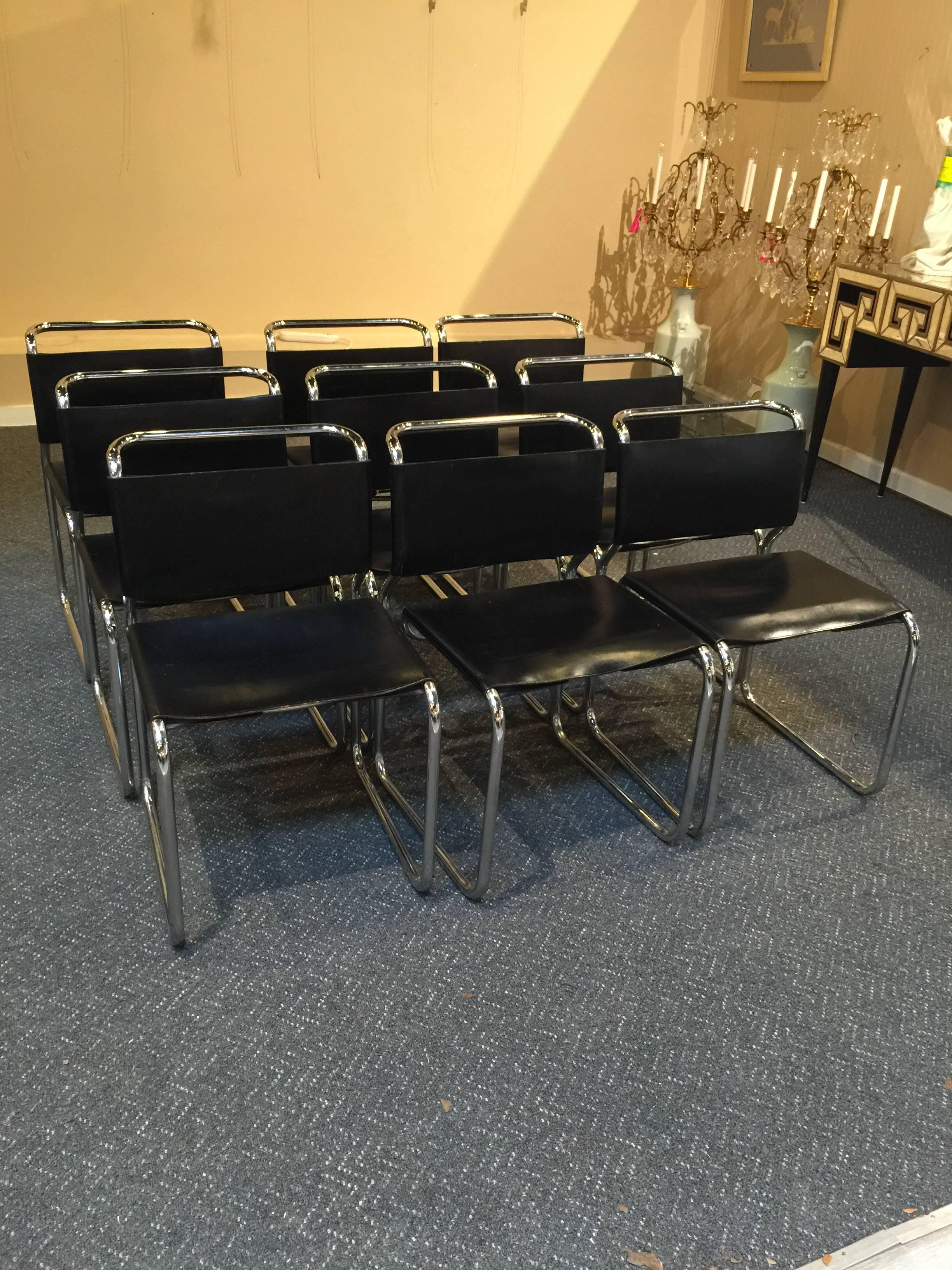 Set of Ten Nicos Zographos Leather and Chrome Chairs 1