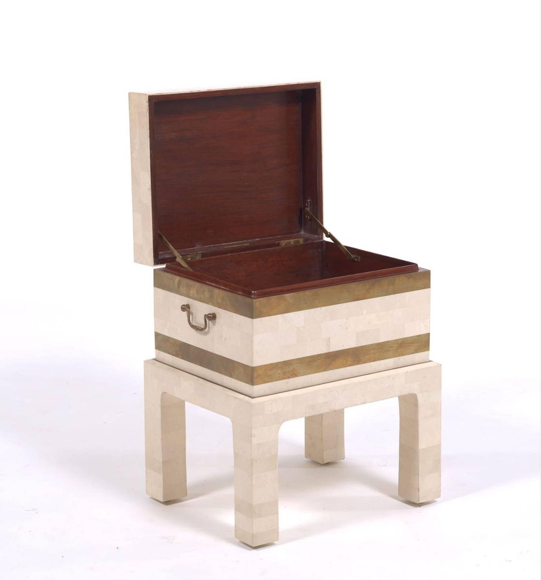 Springer Style Tessellated Stone Box on Stand
In two pieces, The box with twin brass handles and brass inlay, the interior lined with mahogany.
