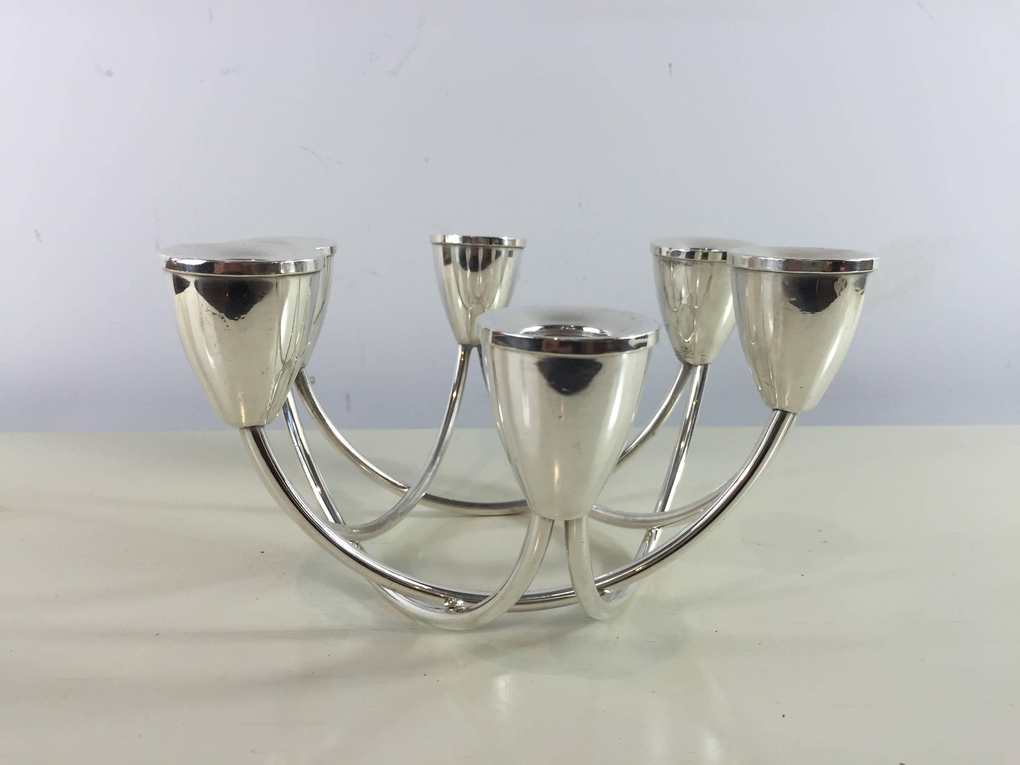 Sterling Silver Pair of Sterling Mid-Century Modern Candelabra For Sale