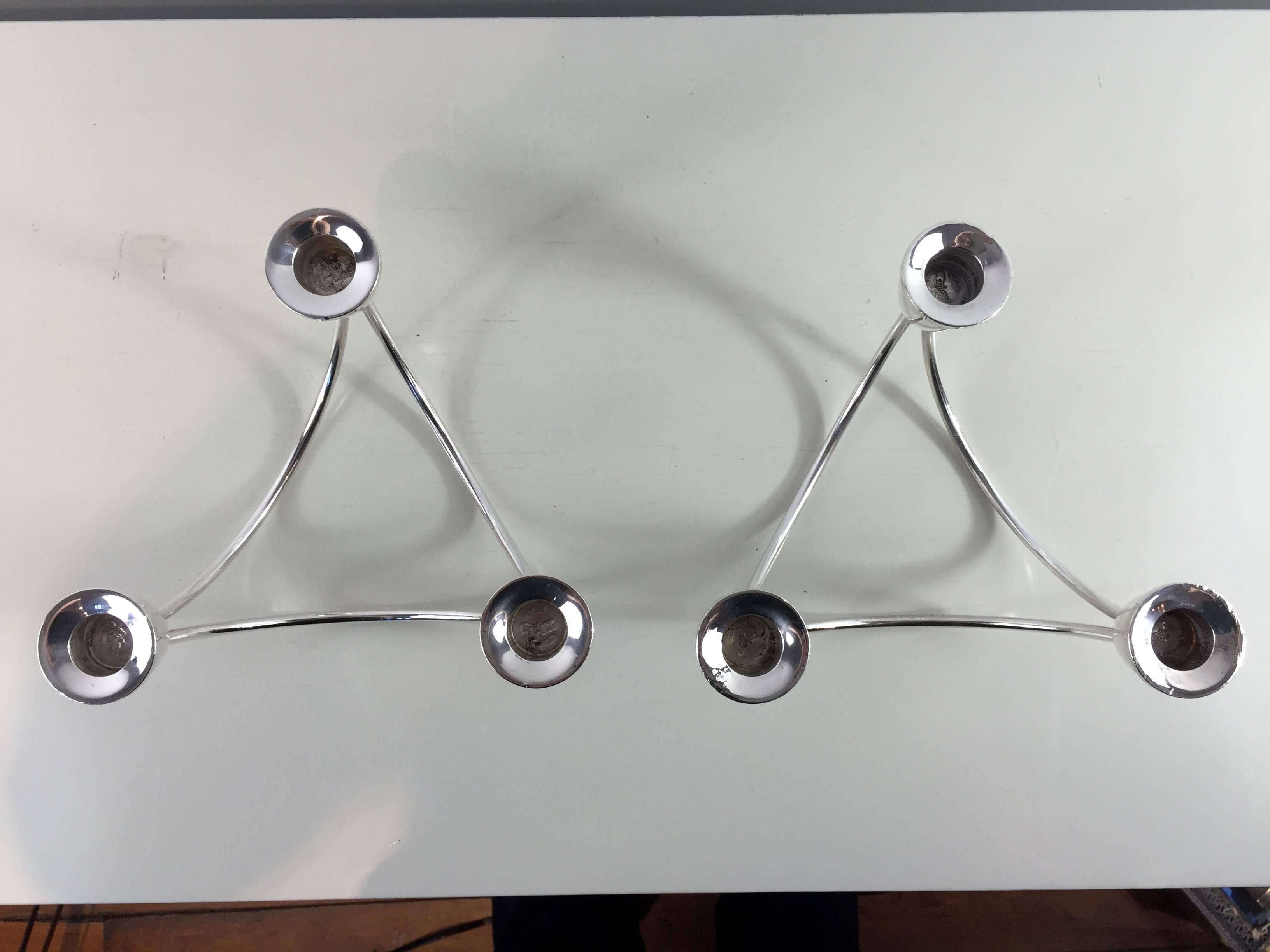 Mexican Pair of Sterling Mid-Century Modern Candelabra For Sale