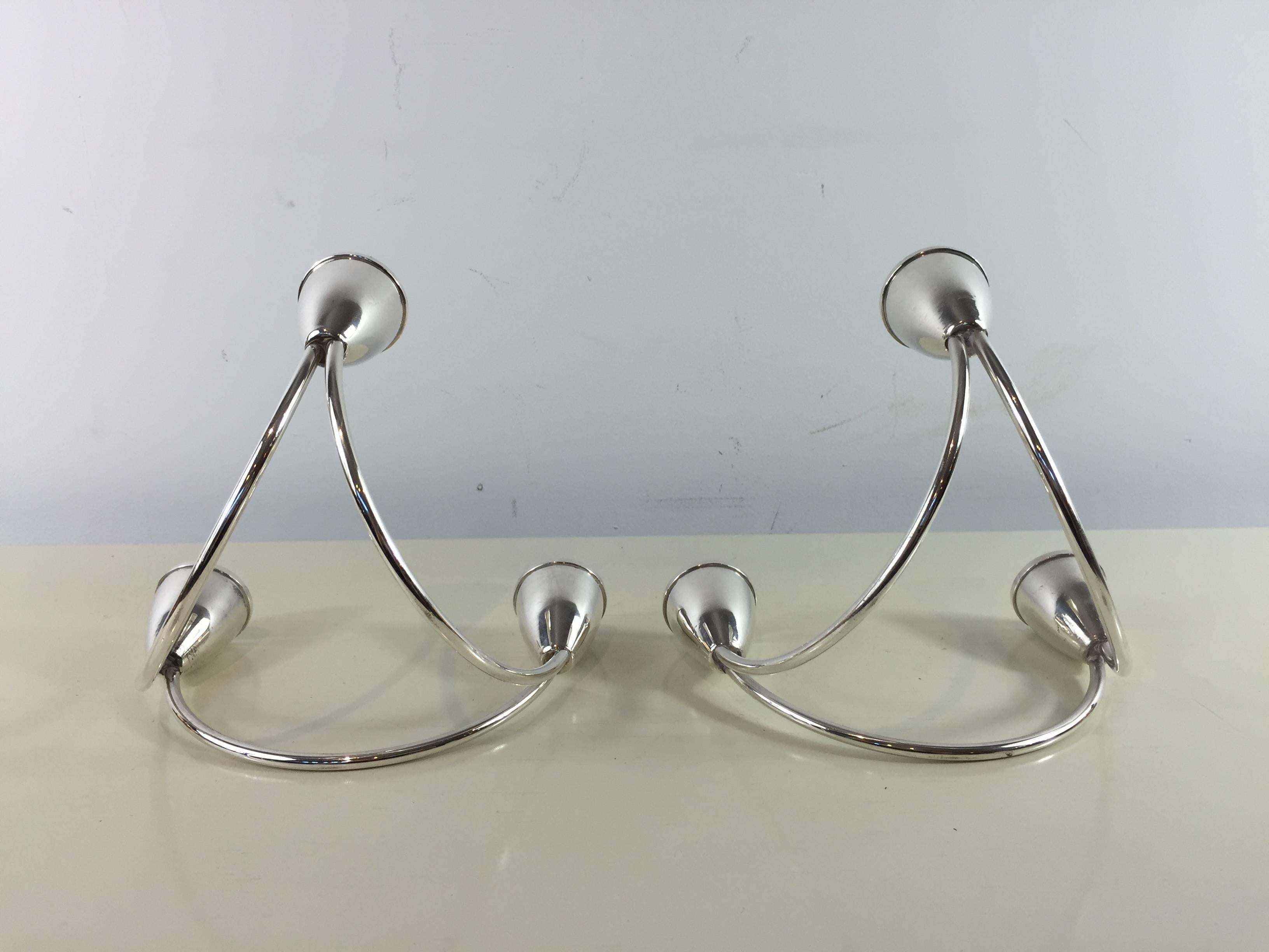 Pair of Sterling Mid-Century Modern Candelabra In Good Condition For Sale In Atlanta, GA