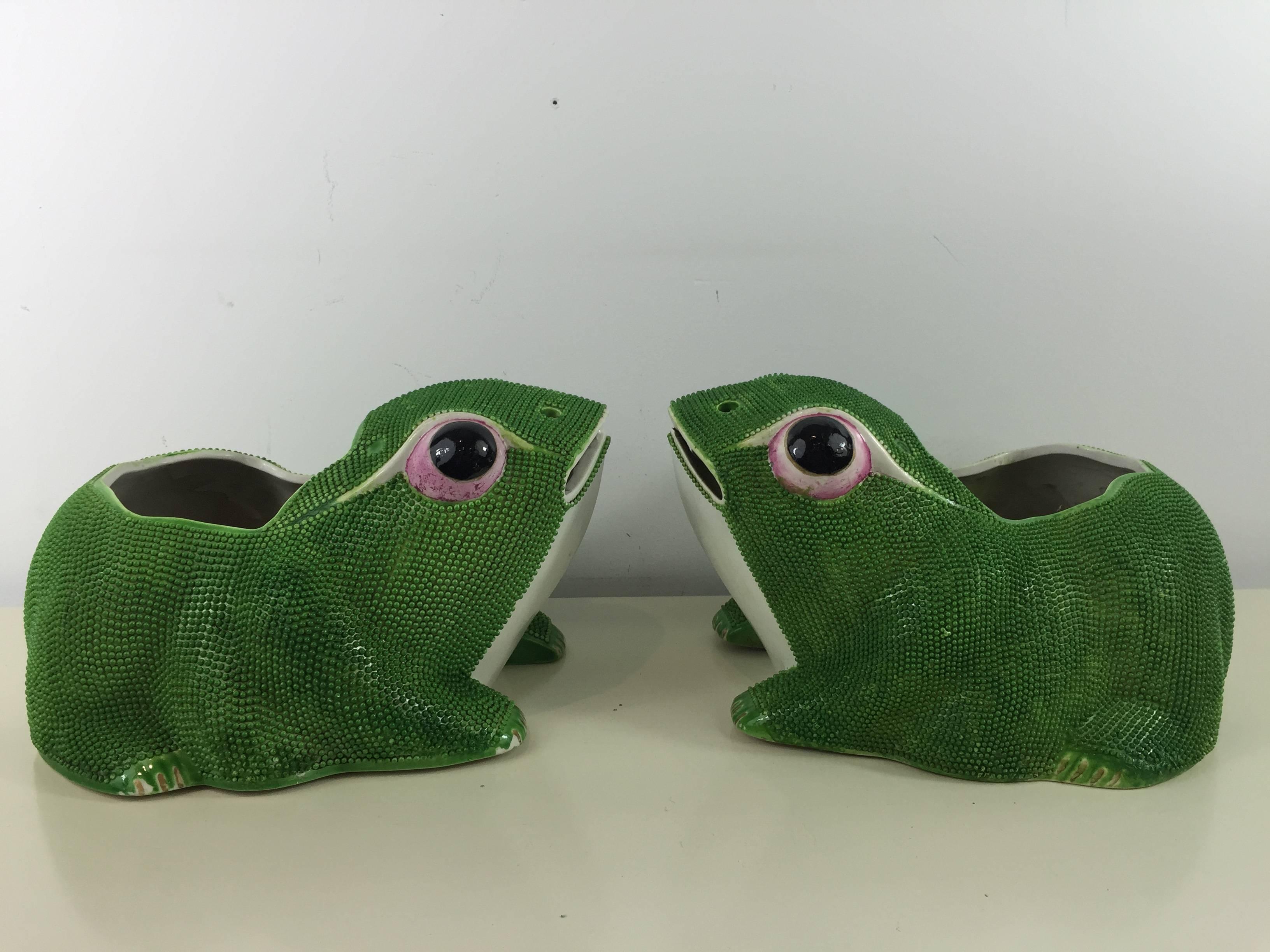 Pair of Chinese Export Frog Planters, each one realistically modeled with textured relief, painted and enameled decoration.