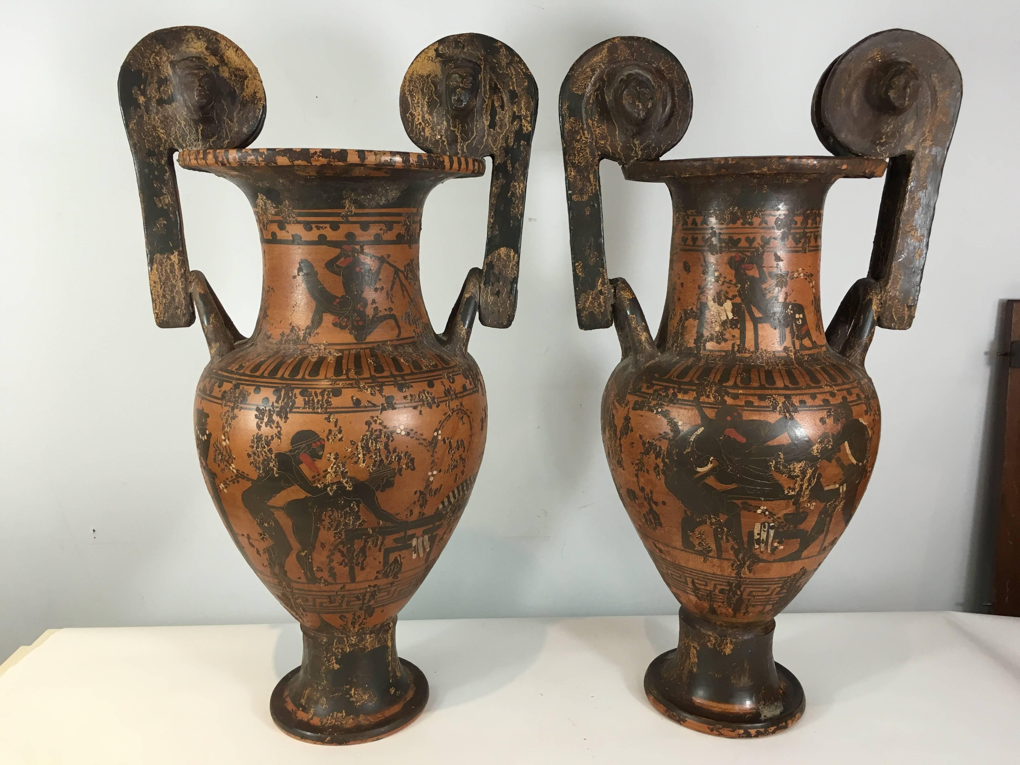 Pair of Grand Tour Greek Homoerotic Attic Urns, One side decorated with typical  decoration, the other homoerotic. Intentional distressed decoration, presents well, structurally sound.