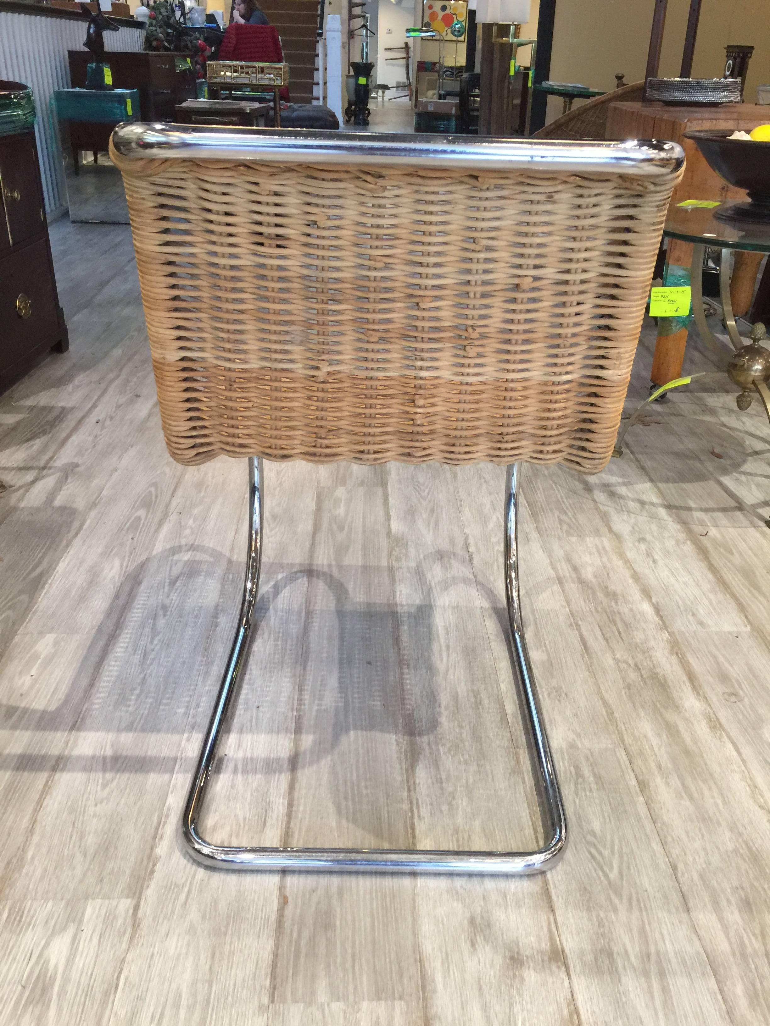 Three MR20 Style Rattan and Chrome Side Chairs In Good Condition In Oaks, PA