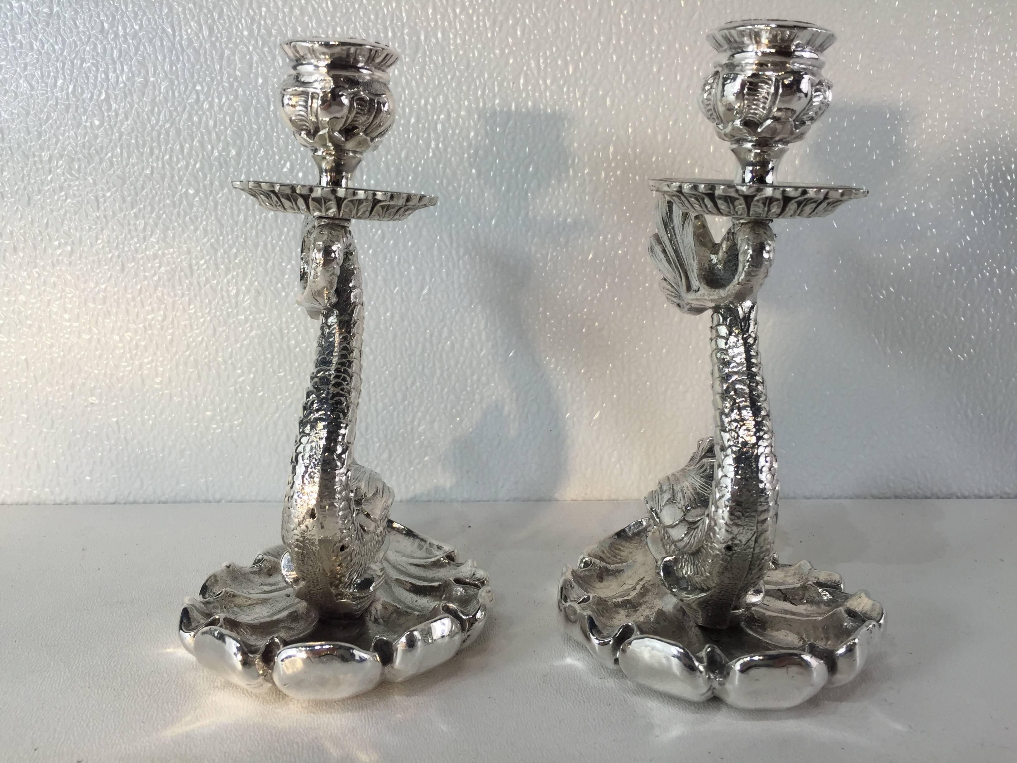 Early 20th Century Silver Plated Bronze Dolphin Candlesticks