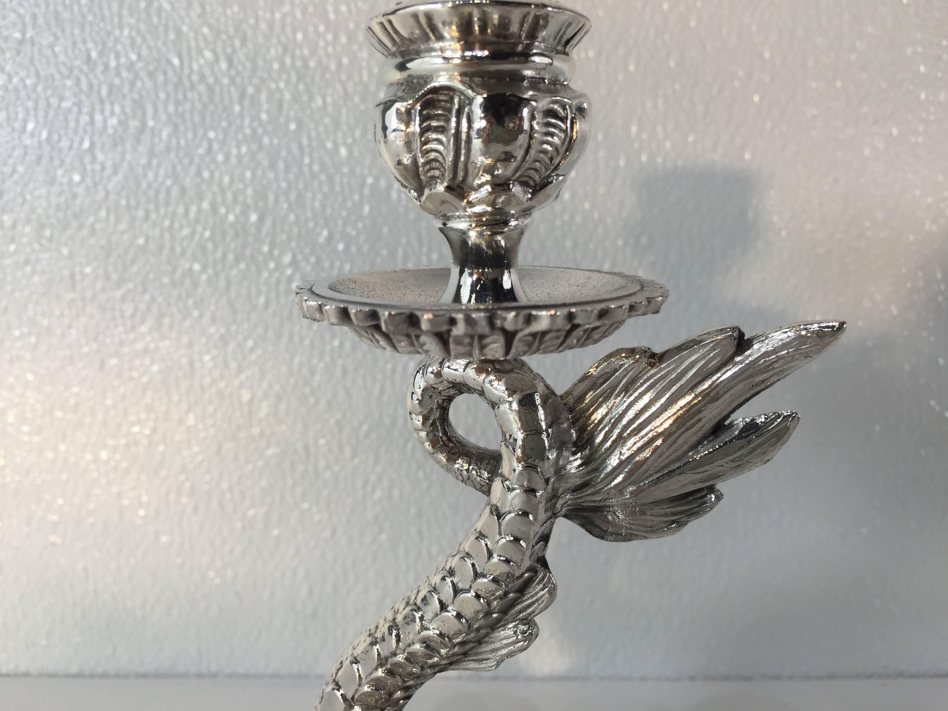 Neoclassical Silver Plated Bronze Dolphin Candlesticks