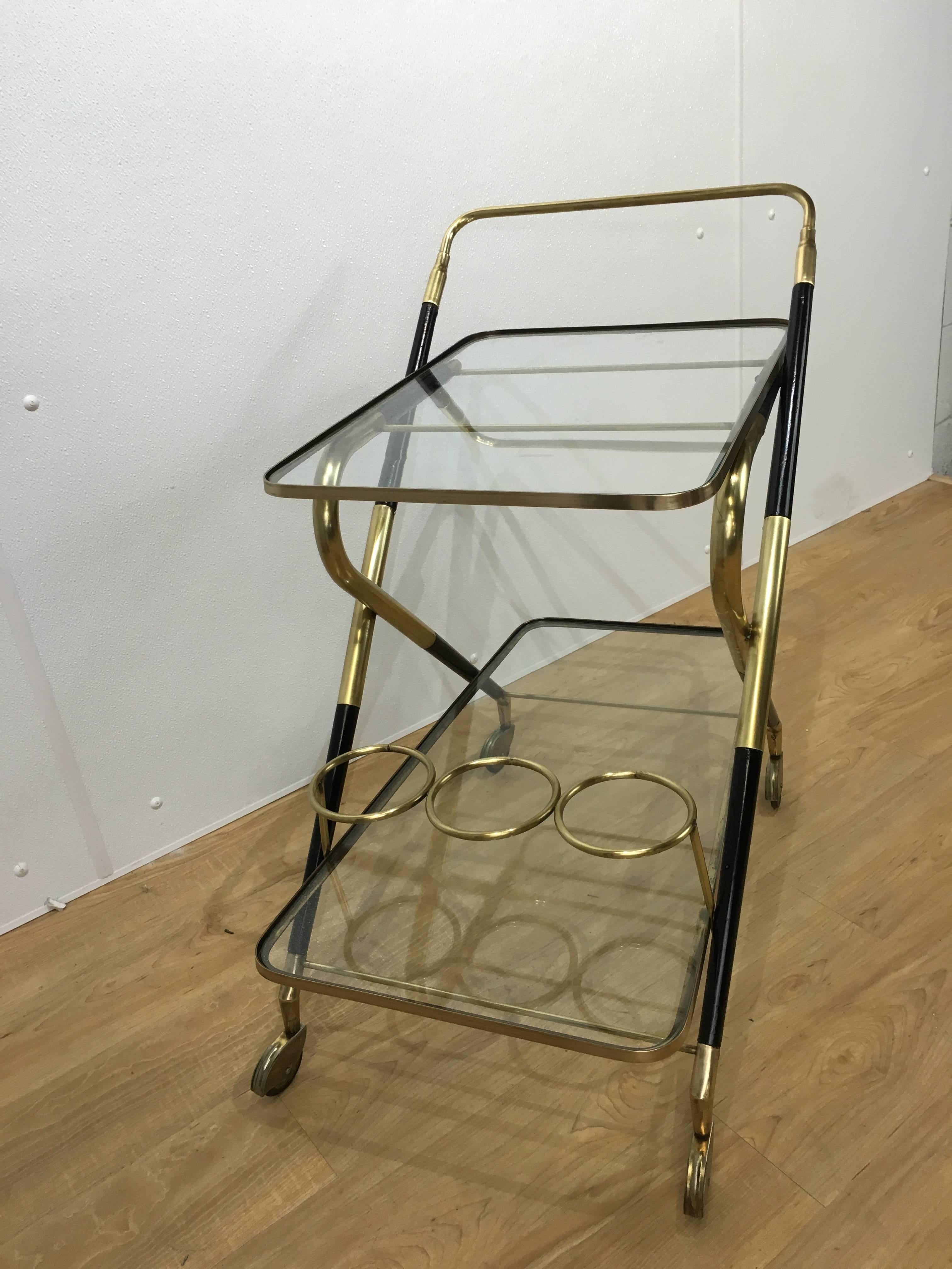 Mid-Century Modern Italian Brass and Ebonized Wood Bar Cart For Sale