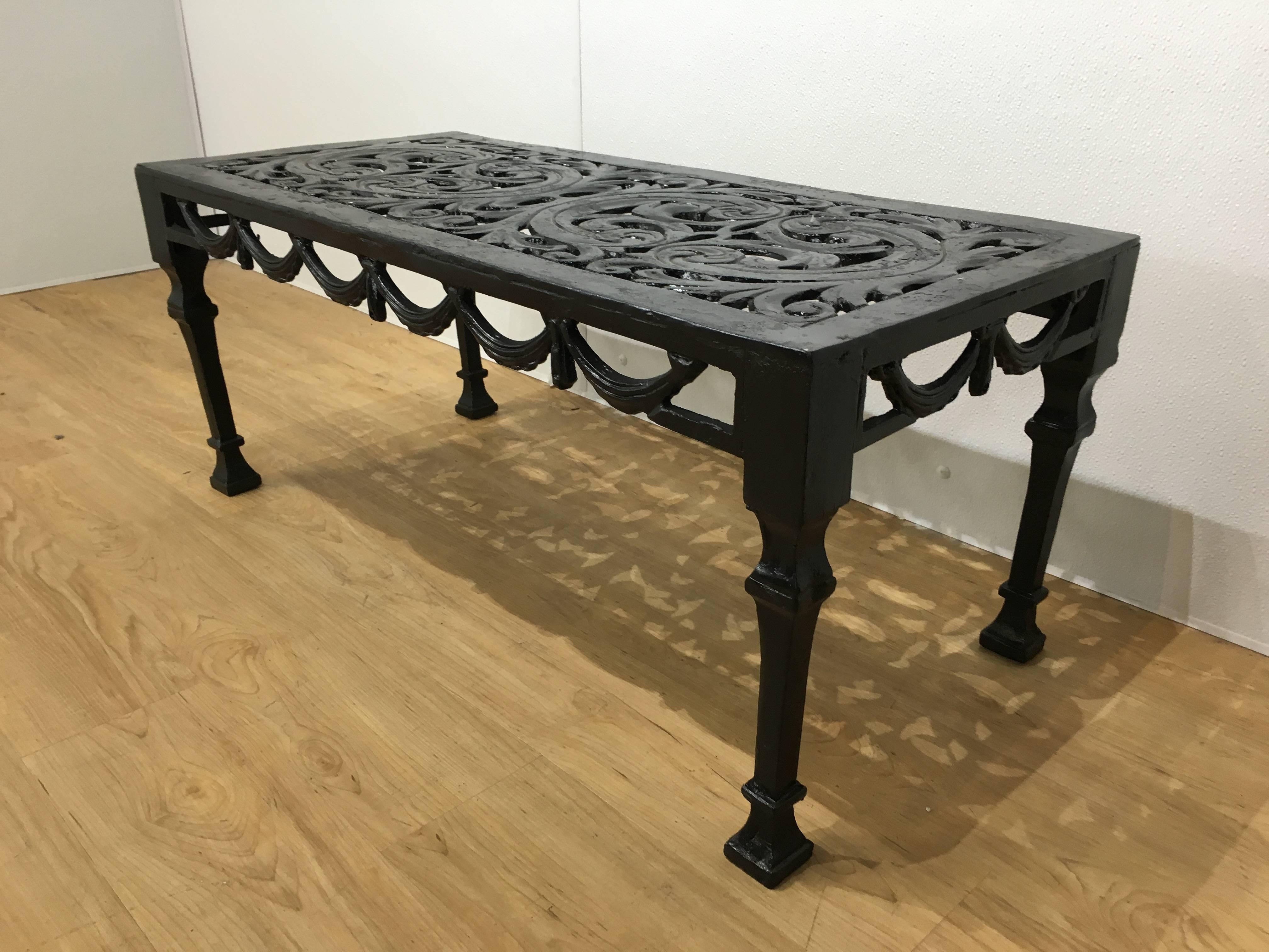 Molla neoclassical cocktail table, of rectangular form with pierced top and sides. Retains original weathered finish with new enamel paint.
We have the coordinating side table, dining table and chairs in our inventory. Please contact us for further