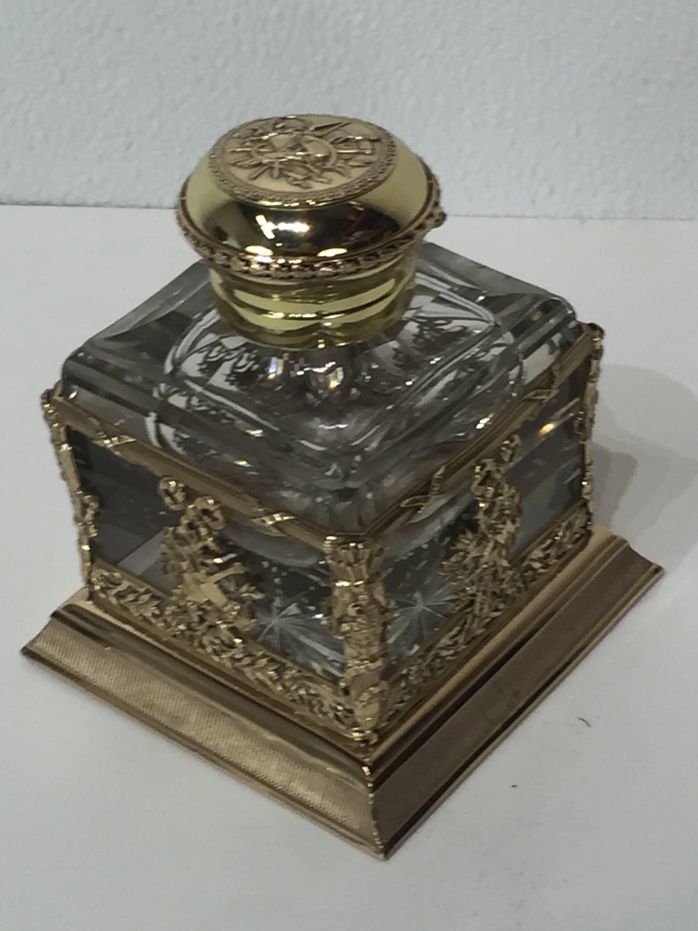 Empire bronze-mounted Baccarat inkwell, beautiful crisp bronze casting, on faceted Baccarat crystal cube inkwell, unsigned.