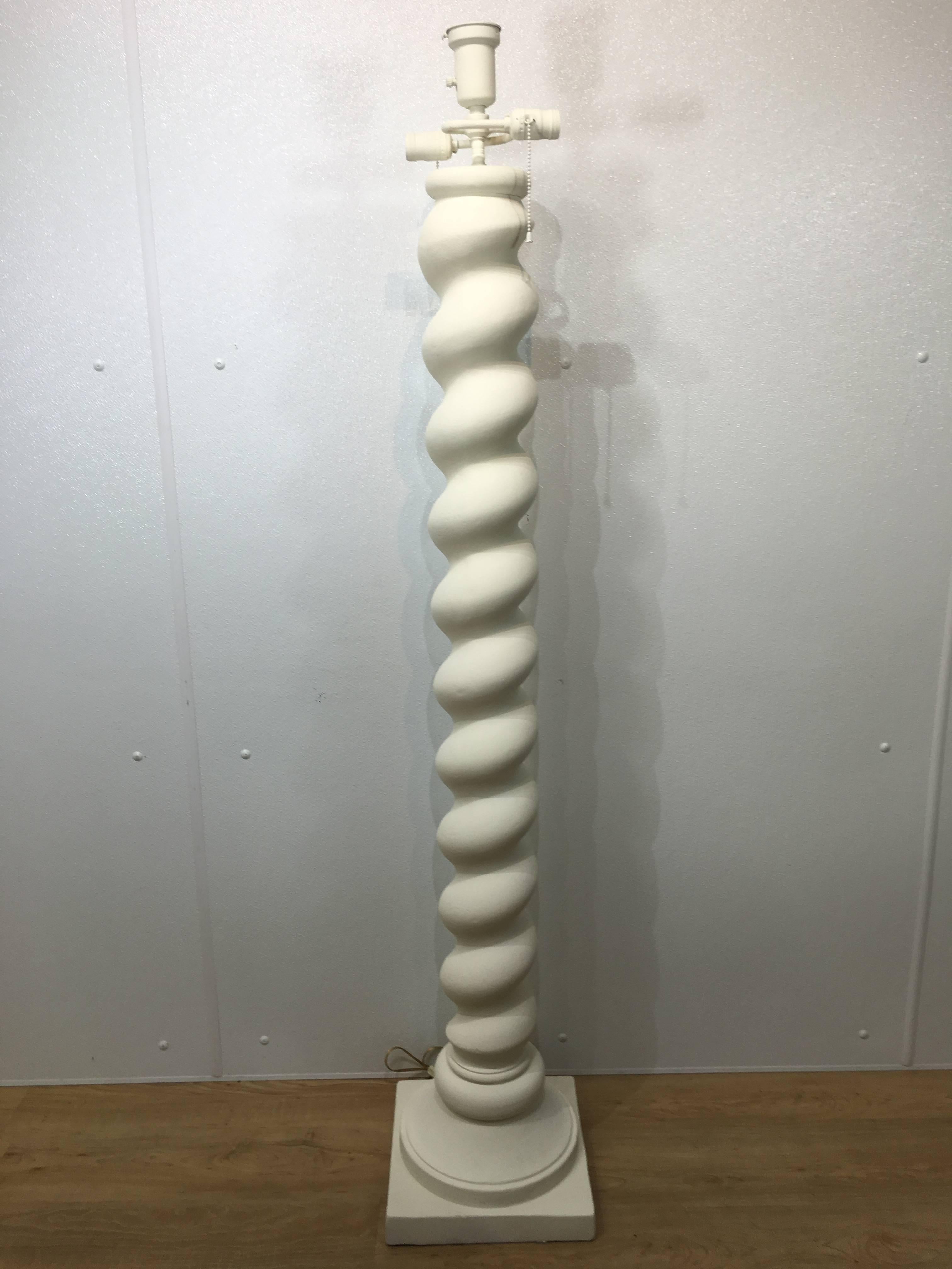 French twist plaster floor lamp, of substantial size, beautifully modeled, layered gesso and painted plaster. Newly wired.