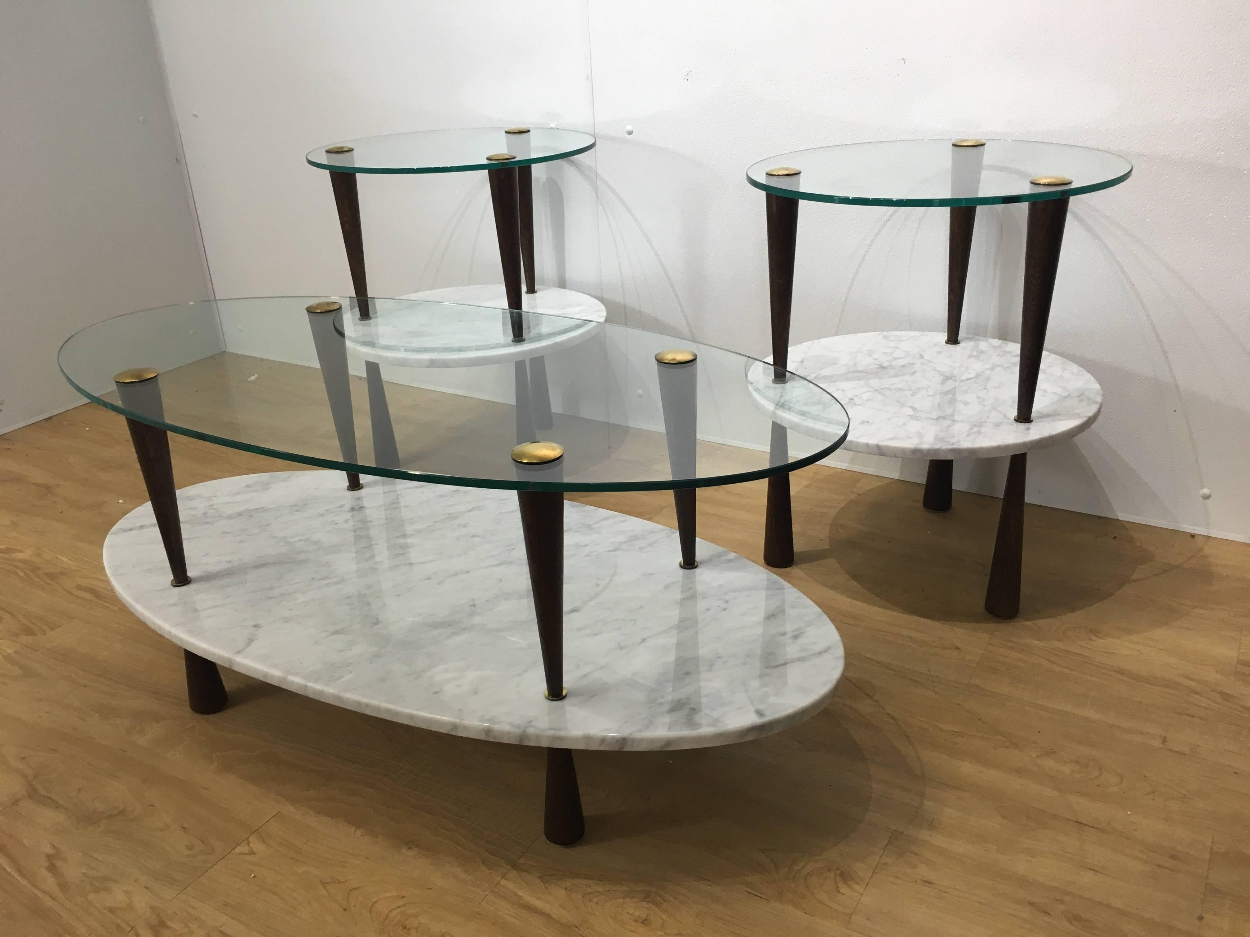 Mid-Century Modern Italian Two-Tier Marble and Glass Cocktail Table