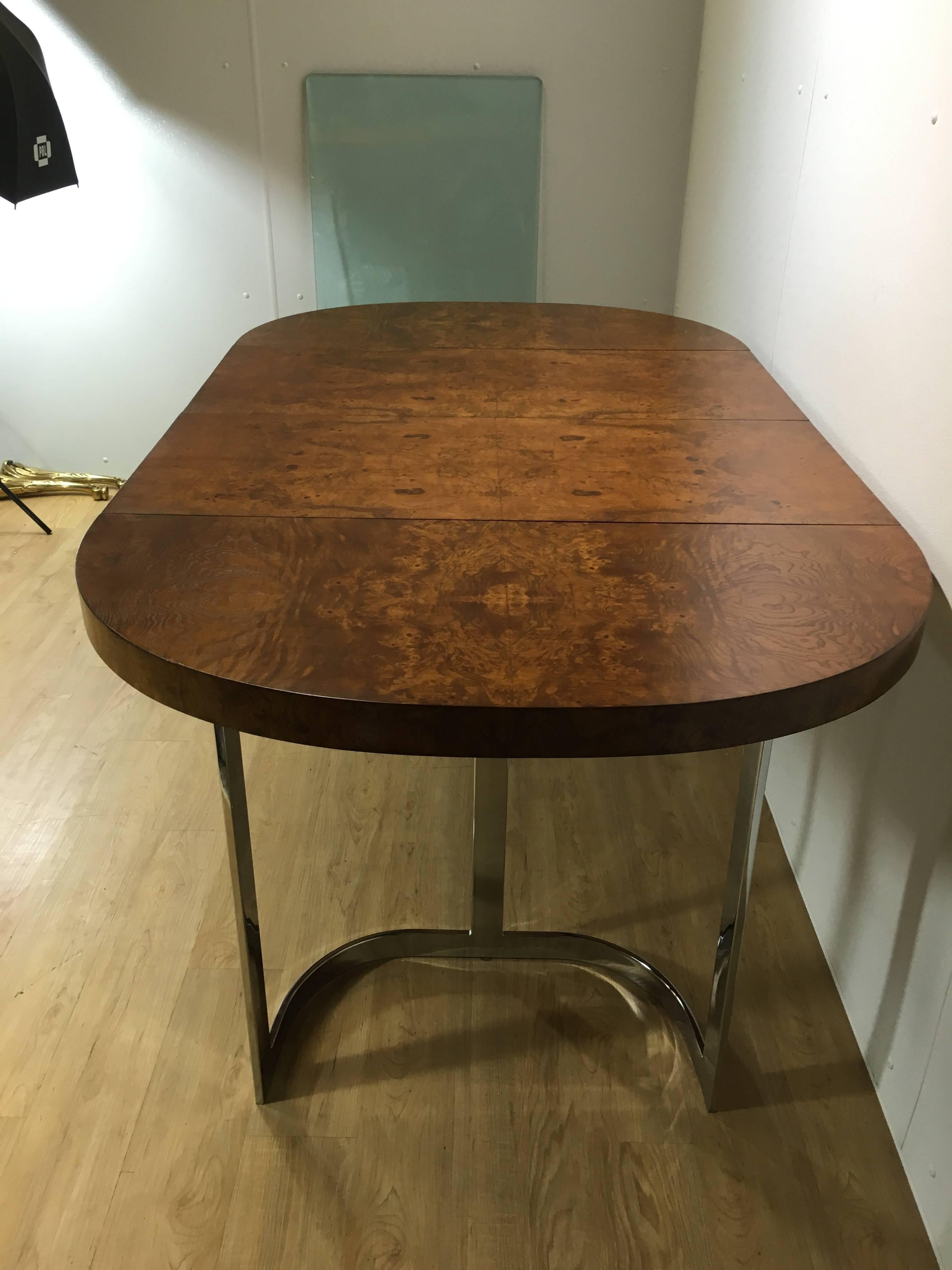 Stunning Milo Baughman Burl Wood Dining Table with Chrome Base In Excellent Condition In Oaks, PA