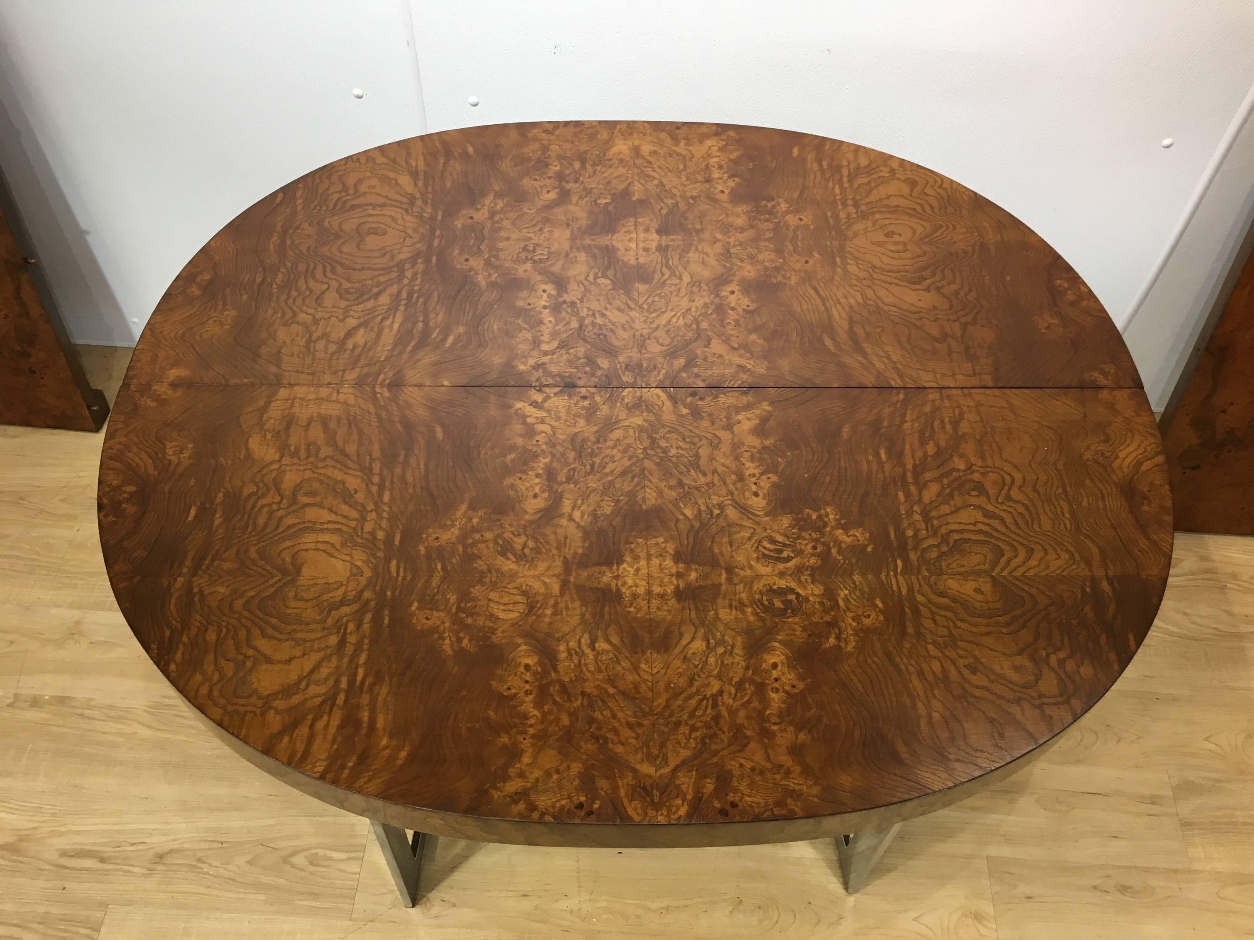 American Stunning Milo Baughman Burl Wood Dining Table with Chrome Base