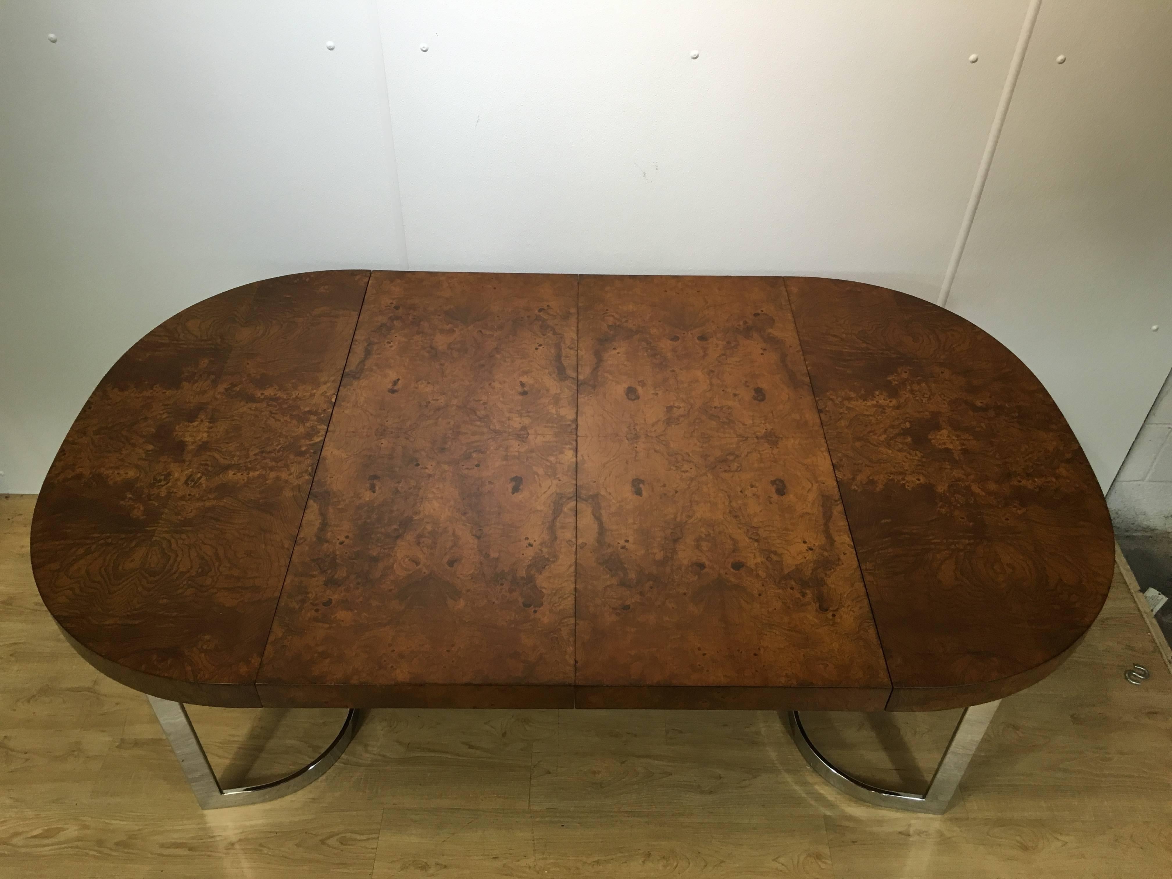 Stunning Milo Baughman Burl Wood Dining Table with Chrome Base 1