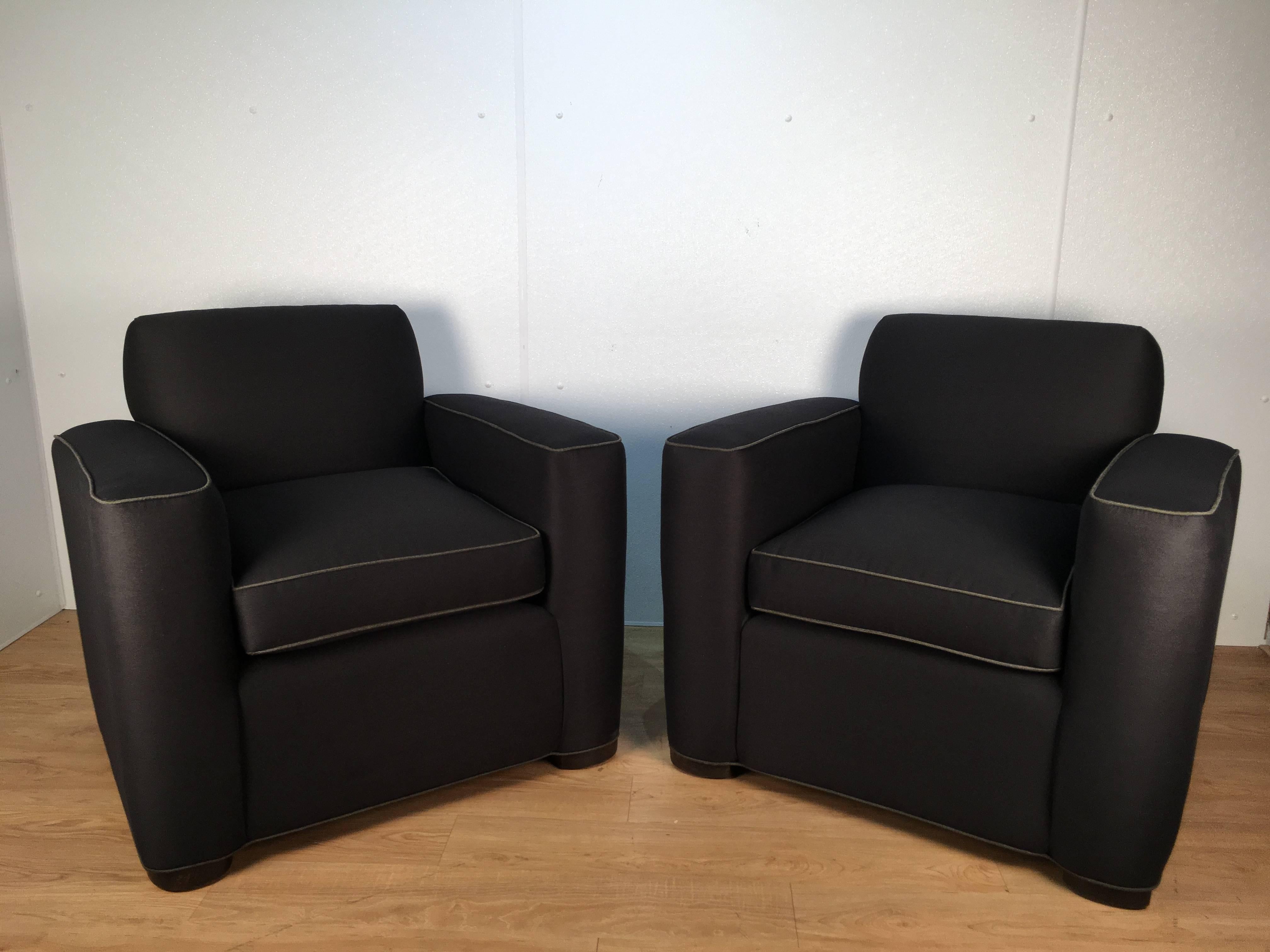 Pair French Art Deco Club Chairs, A well-executed pair of  Art Deco club chairs fully restored with new upholstery