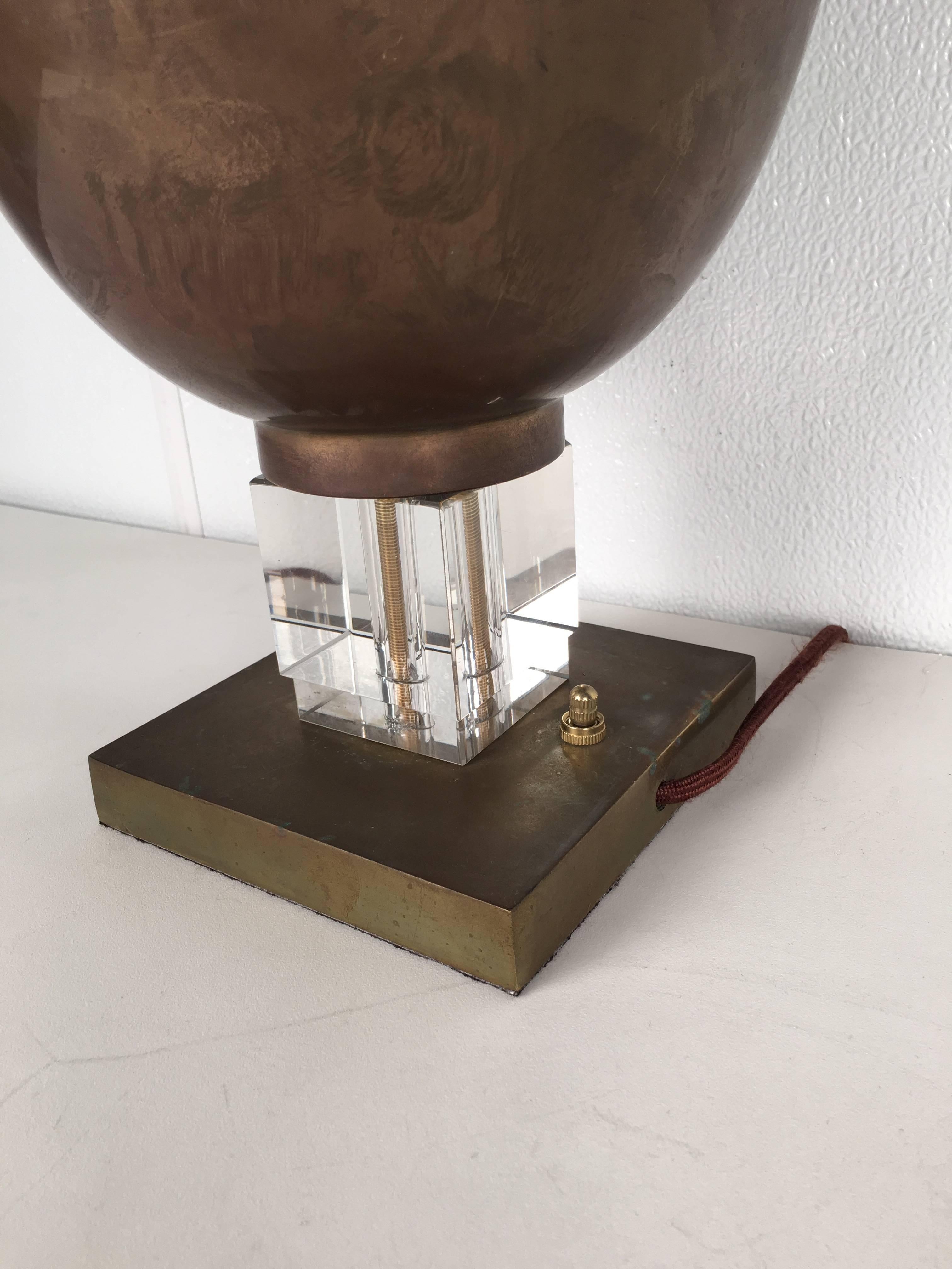 French Art Deco Patinated Copper and Crystal Torchere Table Lamp