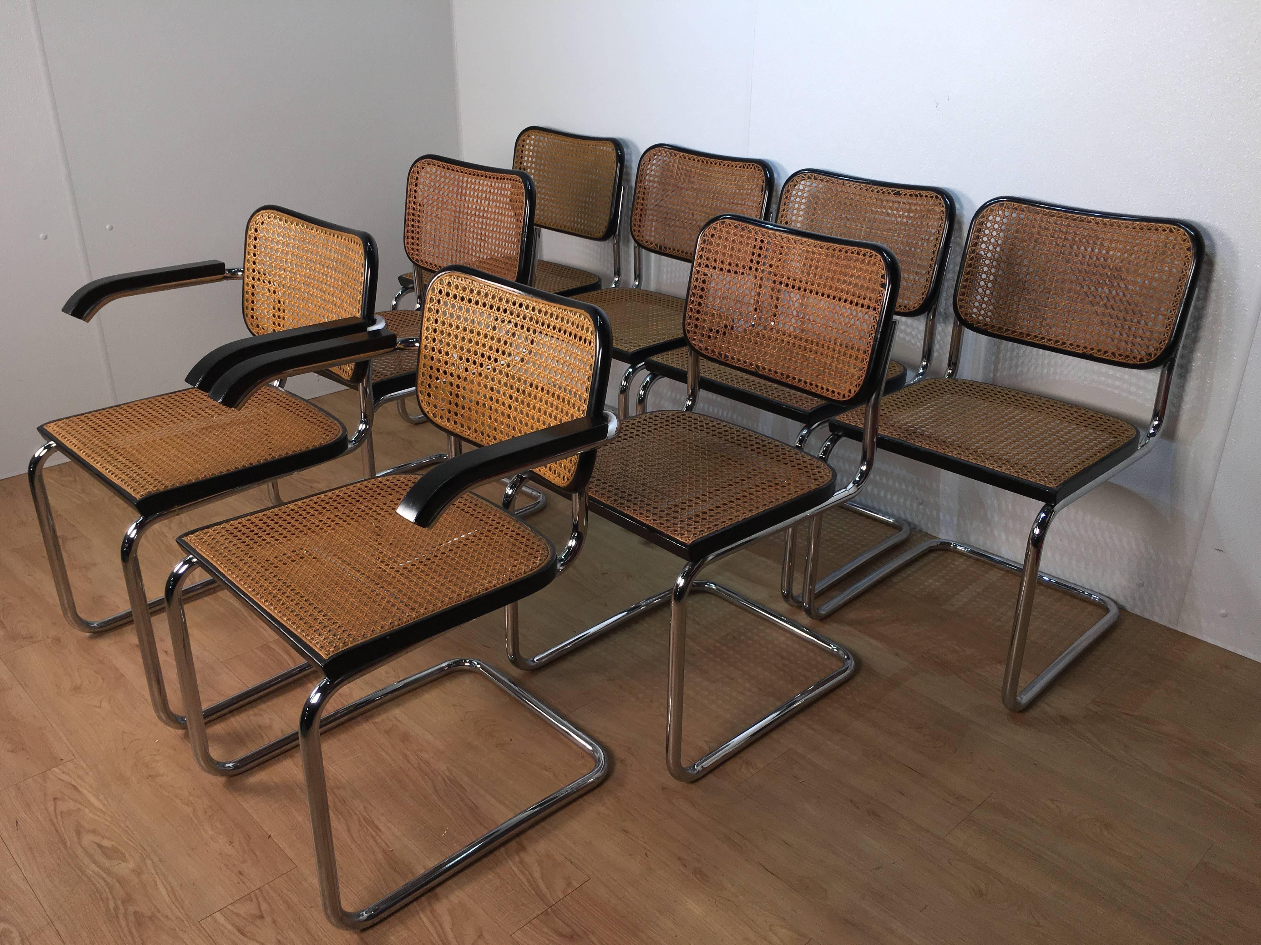 Handsome set of eight cesca chairs designed by Marcel Breuer. Produced by Gavina for Knoll International and includes original labels. Chrome and black ebonized frames are in excellent vintage condition. Presents beautifully.
Armchair measures