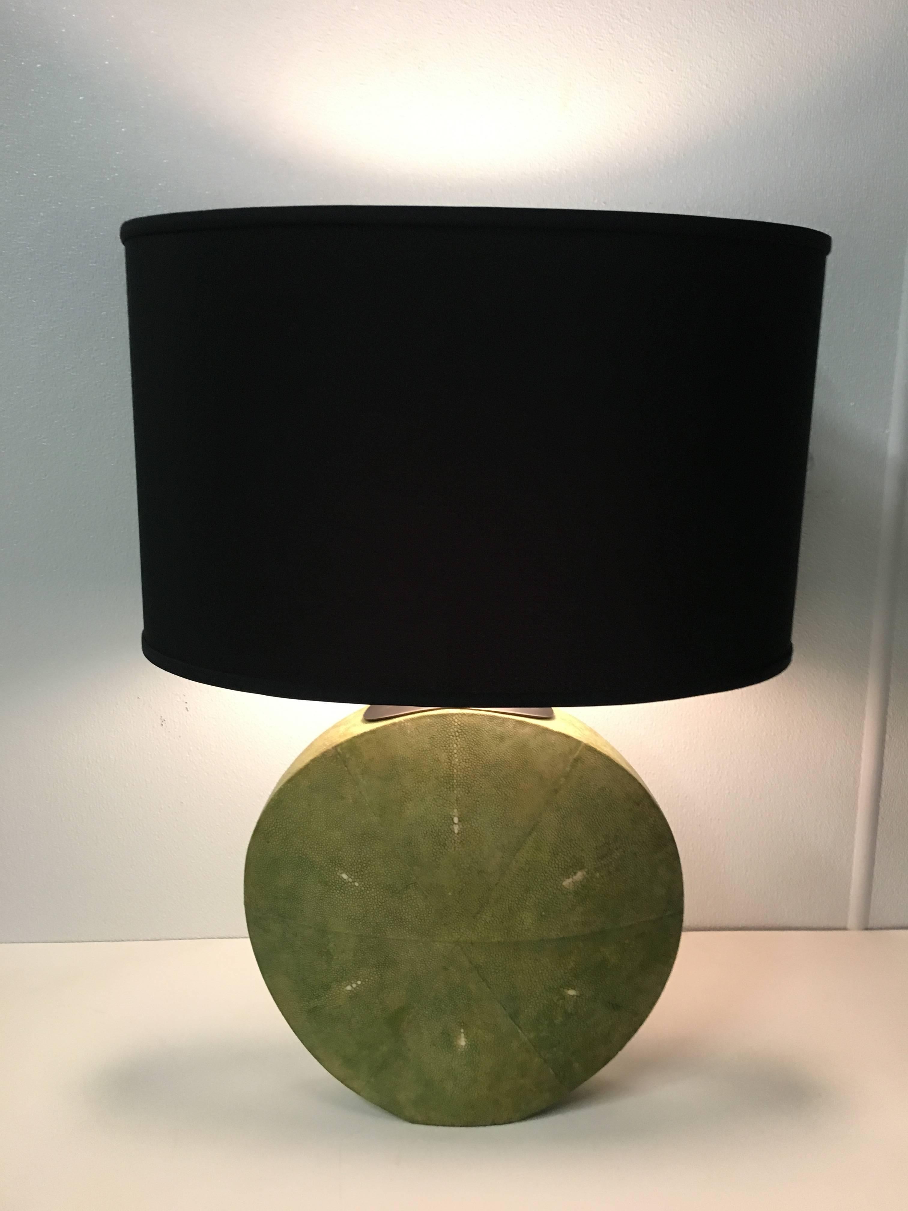 Art Deco moon flask Shagreen table lamp, with finely bookmatched sharkskin.
Shade and harp for display only.