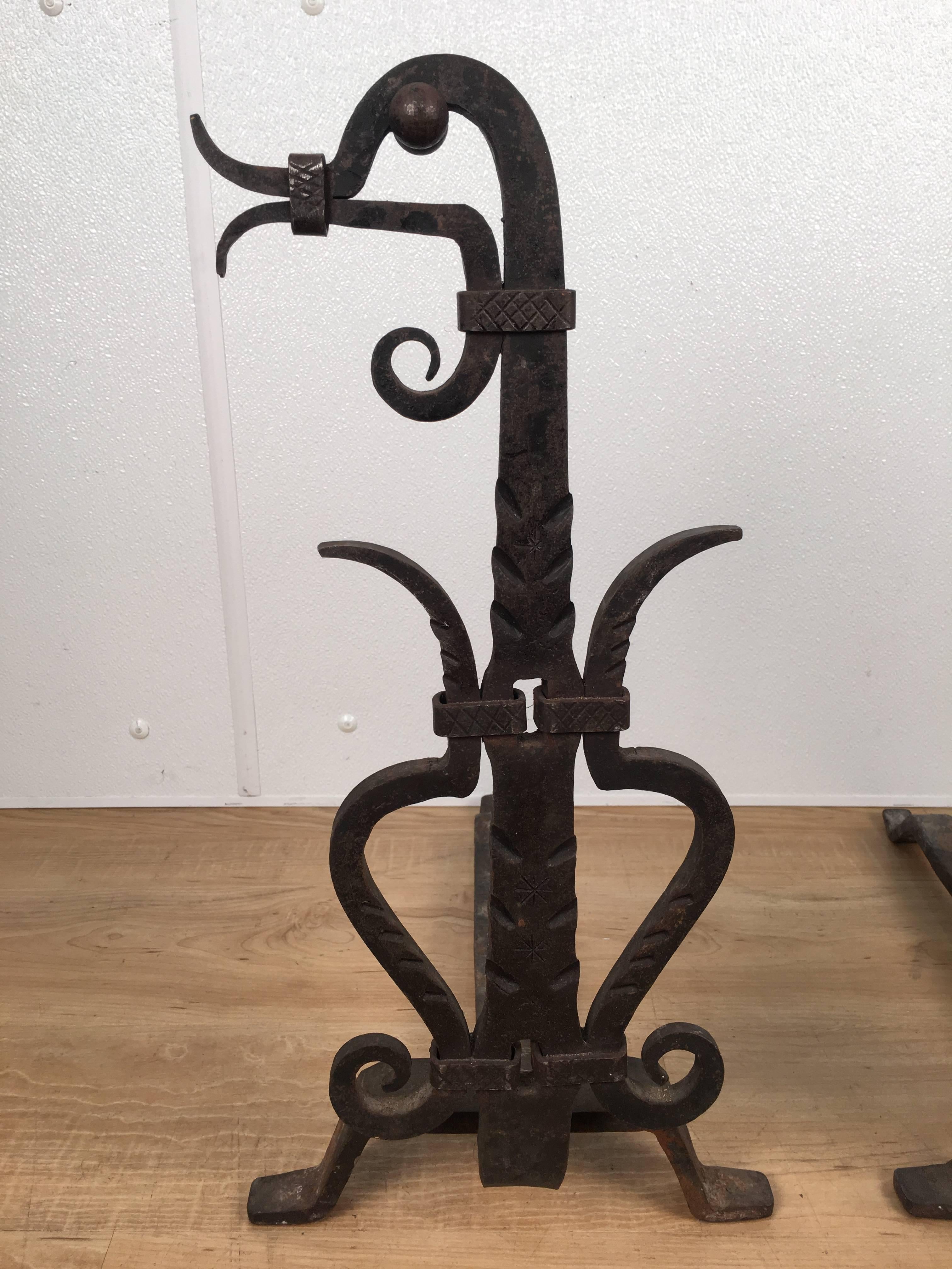 French Pair of Wrought Iron Figural Bird Andirons For Sale
