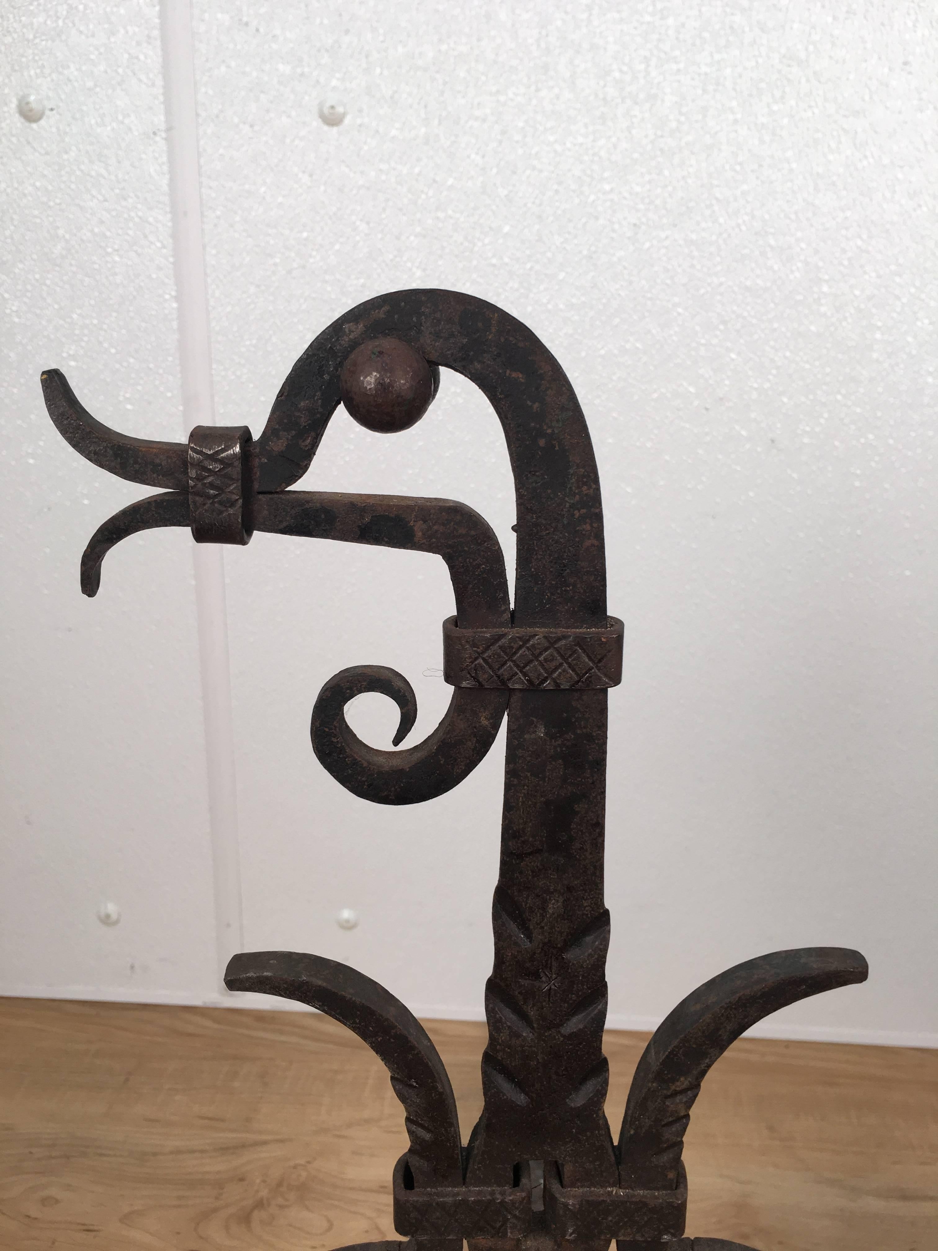 Forged Pair of Wrought Iron Figural Bird Andirons For Sale