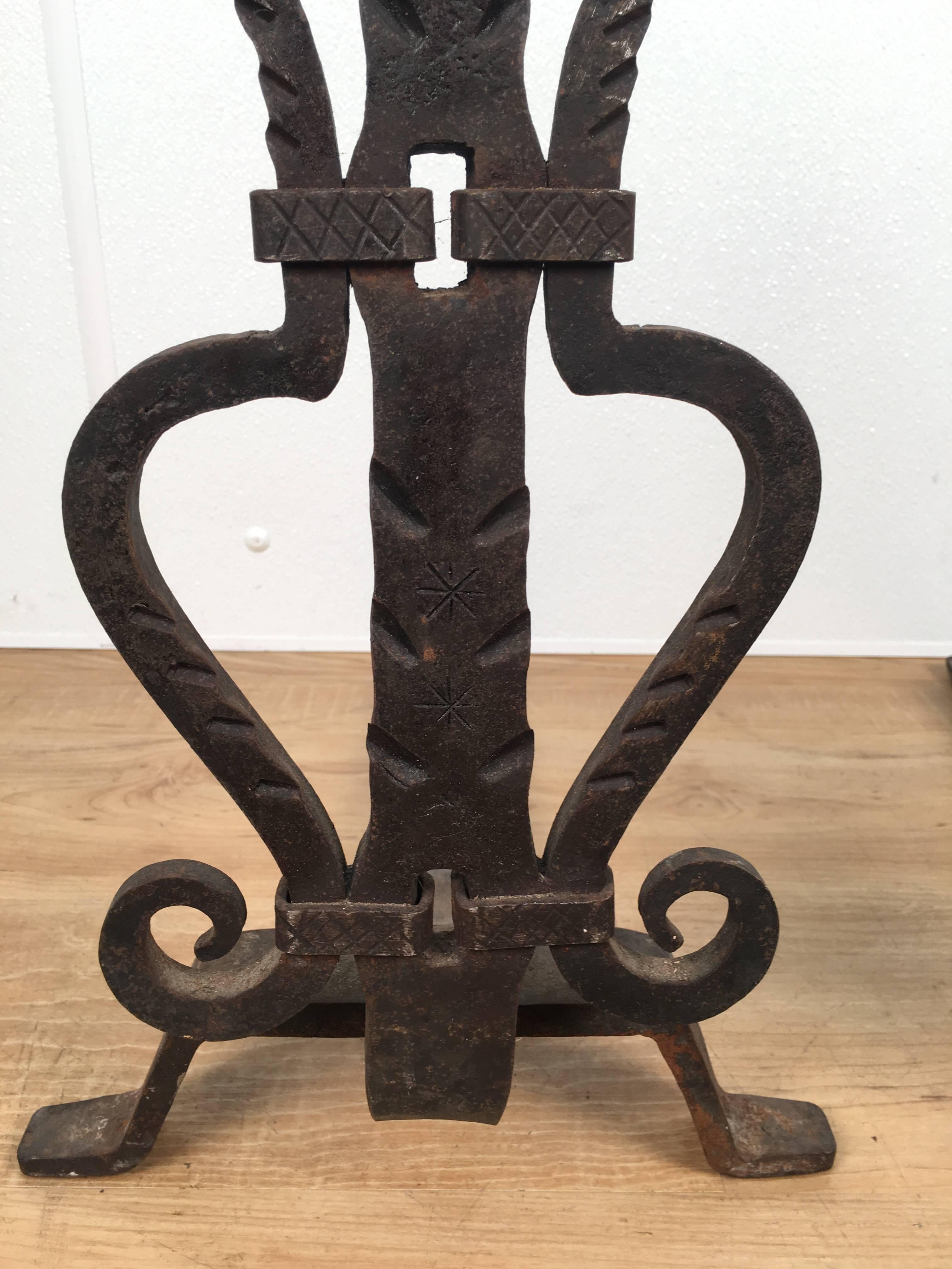 Pair of Wrought Iron Figural Bird Andirons In Good Condition For Sale In Atlanta, GA