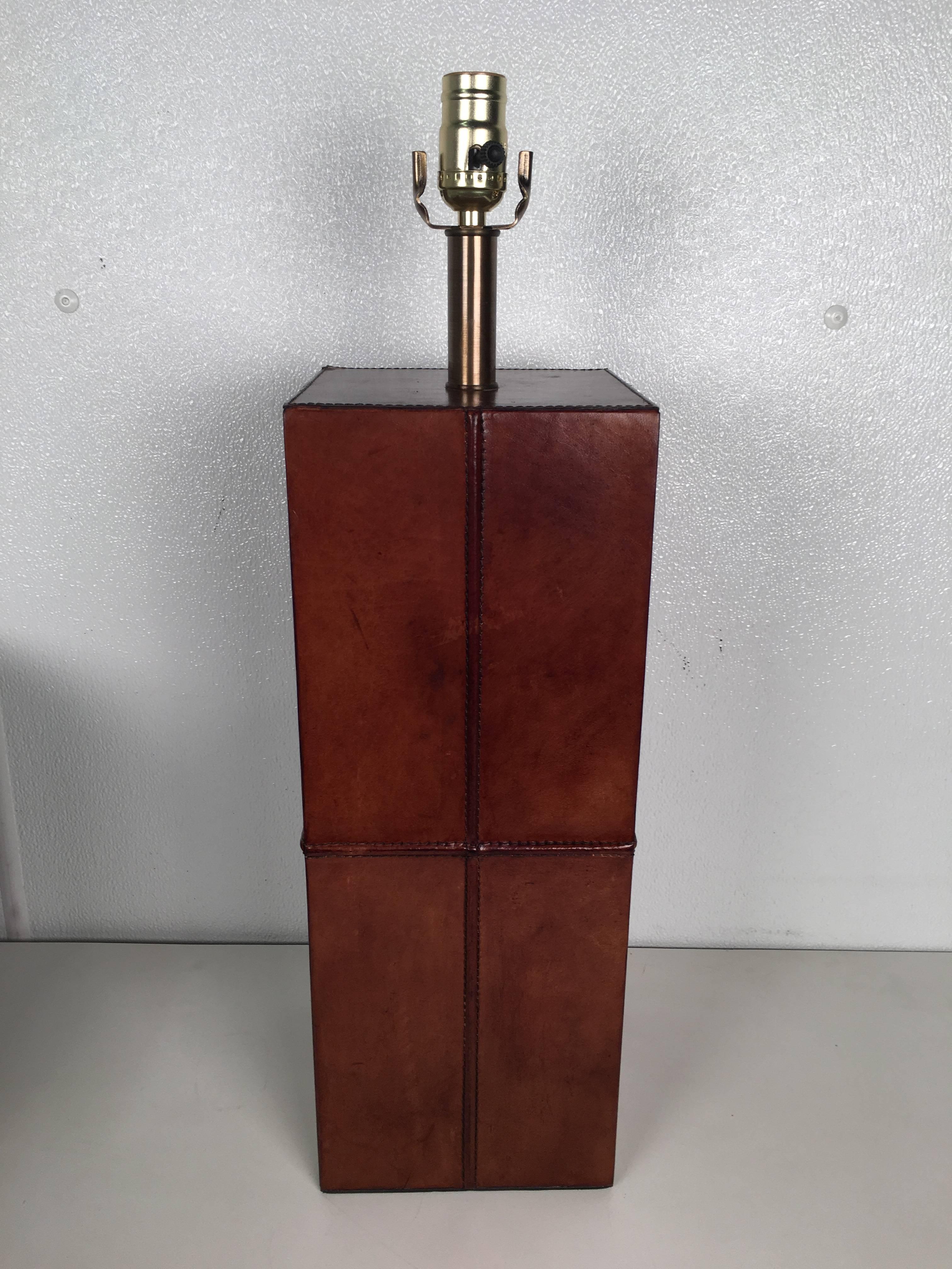 Pair of Stitched Leather Table Lamps For Sale 1