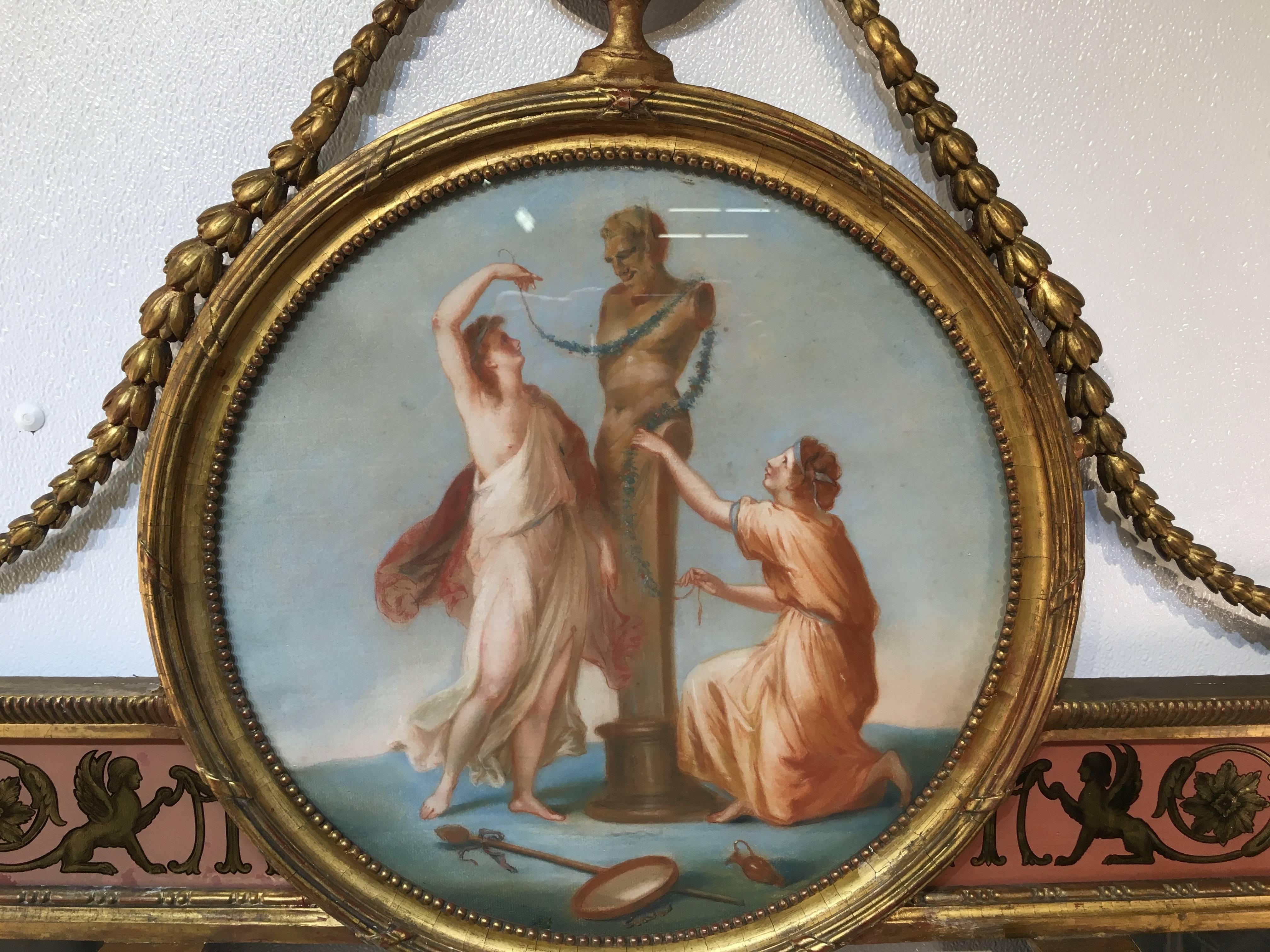 Stunning Robert Adam Style Triptych Mirror with circular pastel medallion, a reverse gilt and painted neoclassic frieze above three mirrored panels flanked by winged caryatids.

The last image is a Robert Adam design for the mirror room at