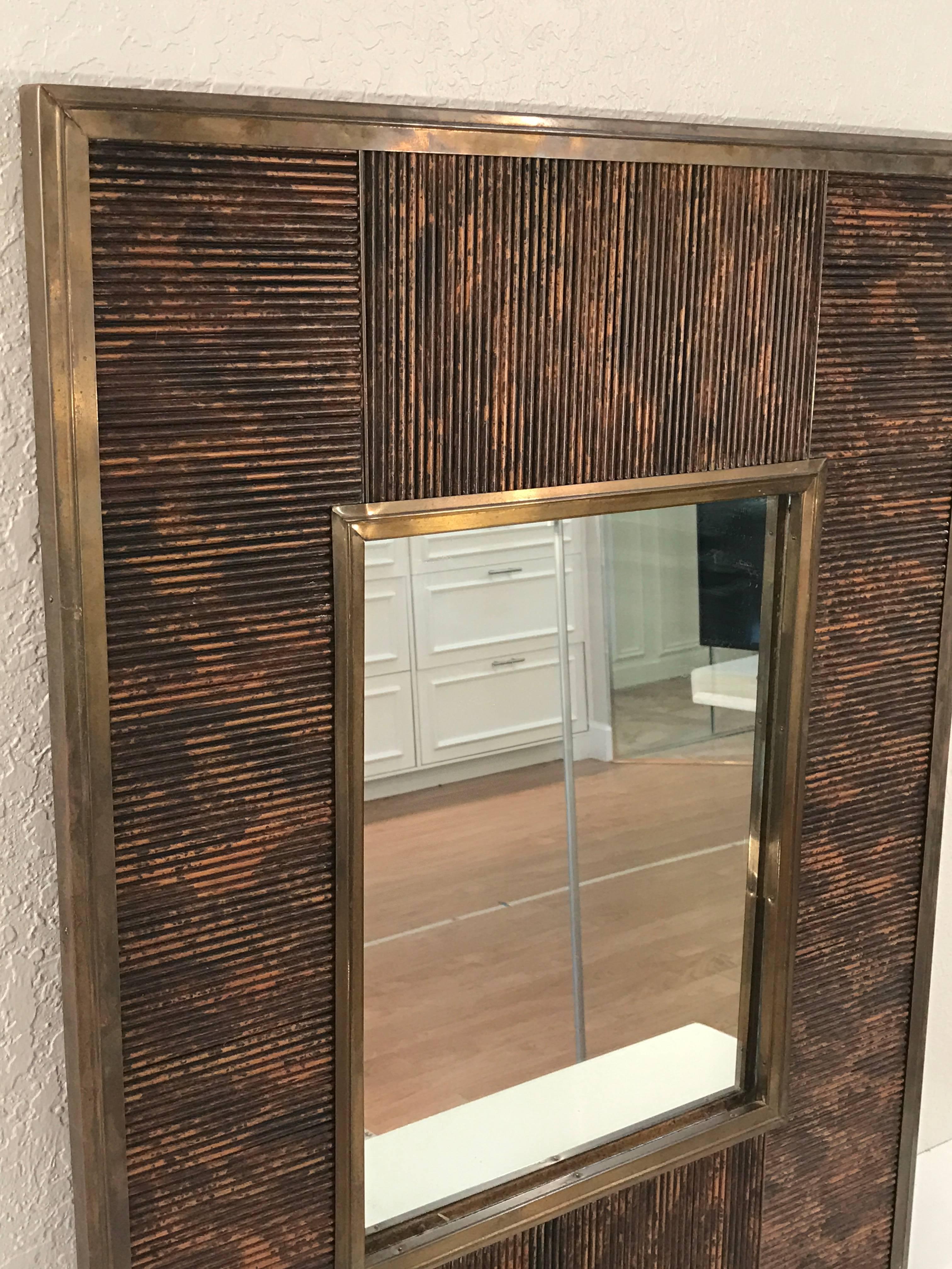 Mid-Century Modern Bronze and Lacquered Bamboo Motif Mirror