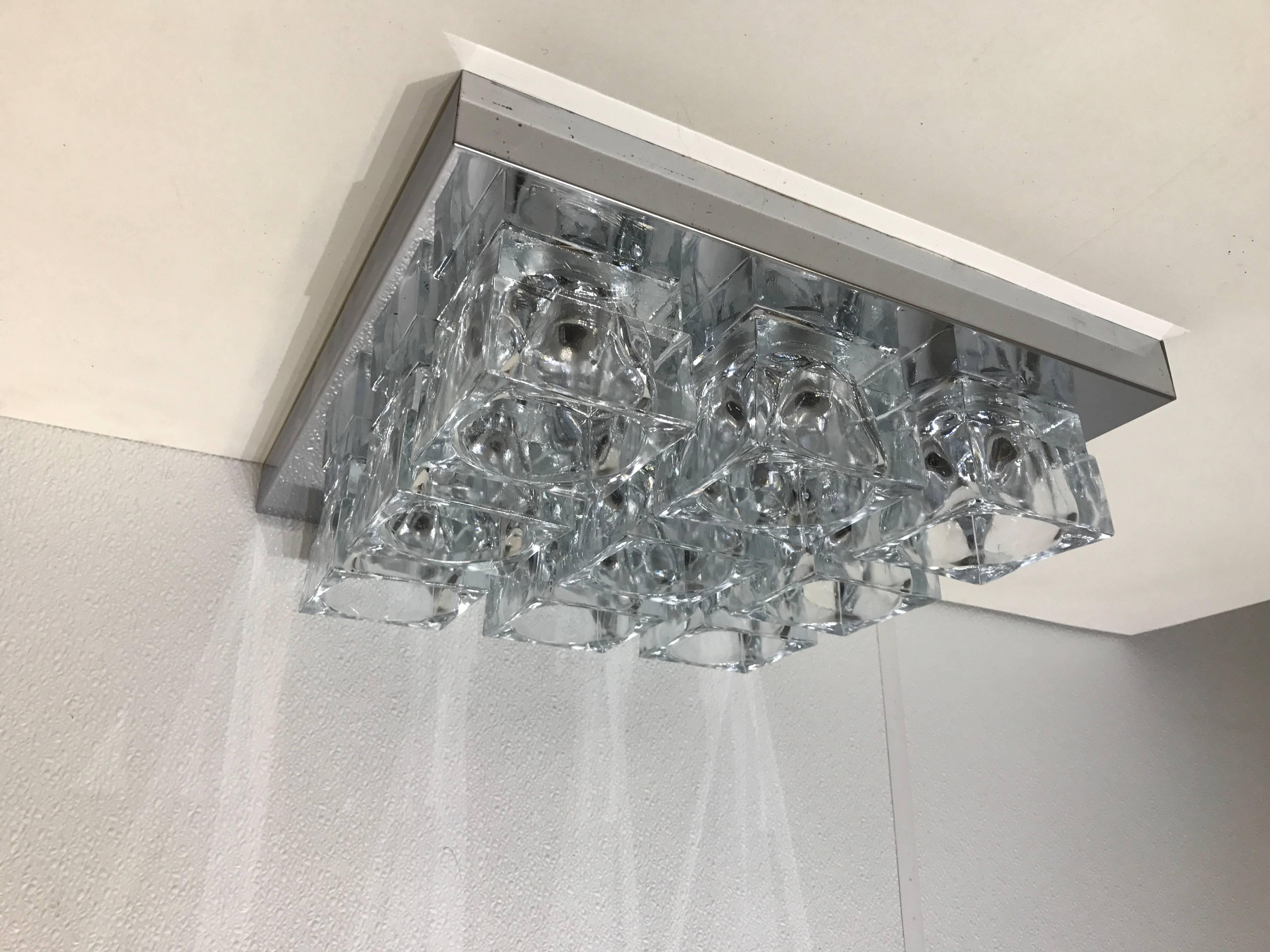 Nine-light glass and chrome flush mount or sconce light fixture by Gaetano Sciolari. Excellent vintage condition with bright chrome and clear glass cubes.