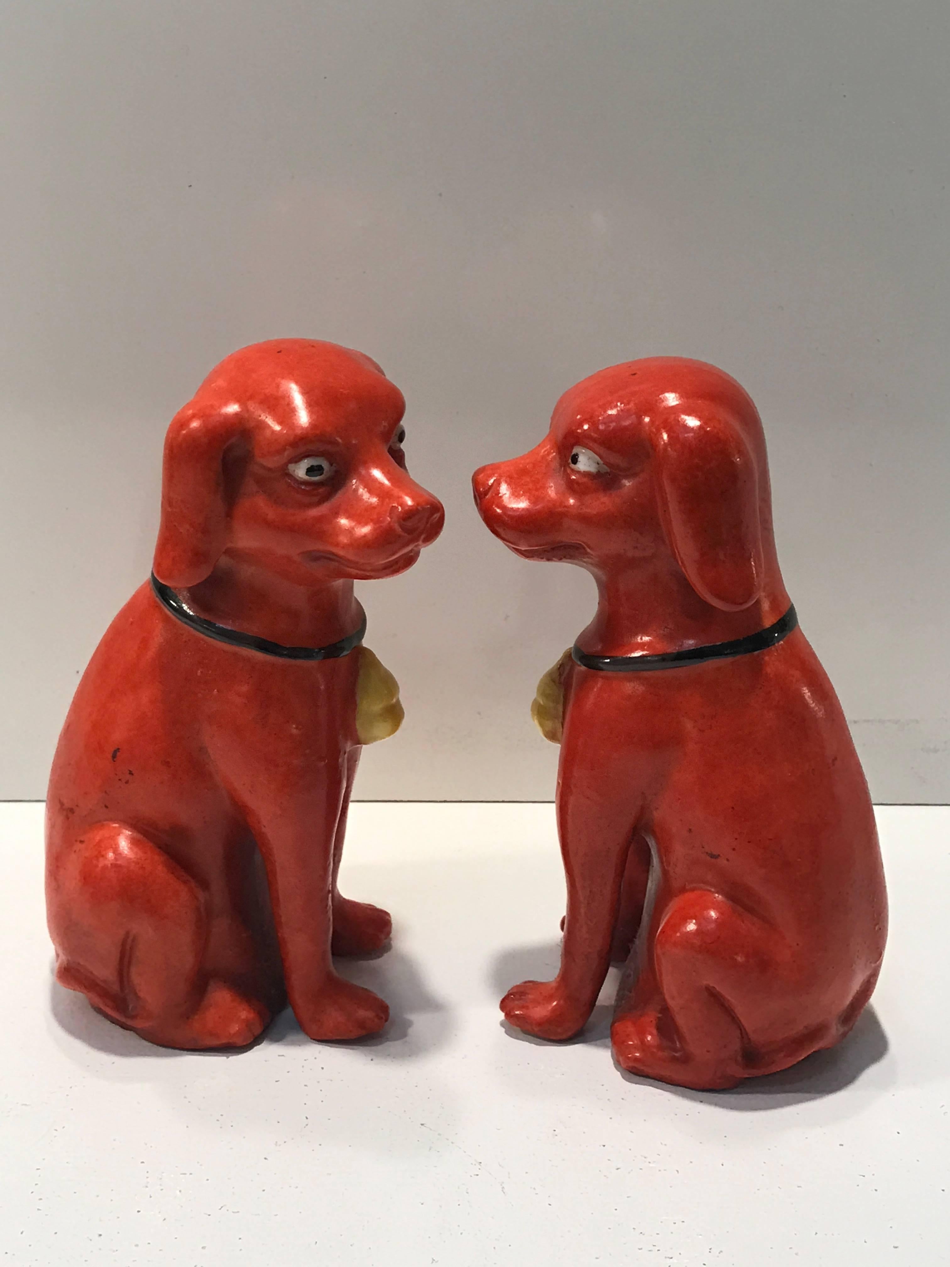 Rare pair of Famille Verte Chinese Export seated dogs, each one in iron red glaze with expressive faces and dog collars.
This item is at our Atlanta GA, Location, not Palm Beach.
