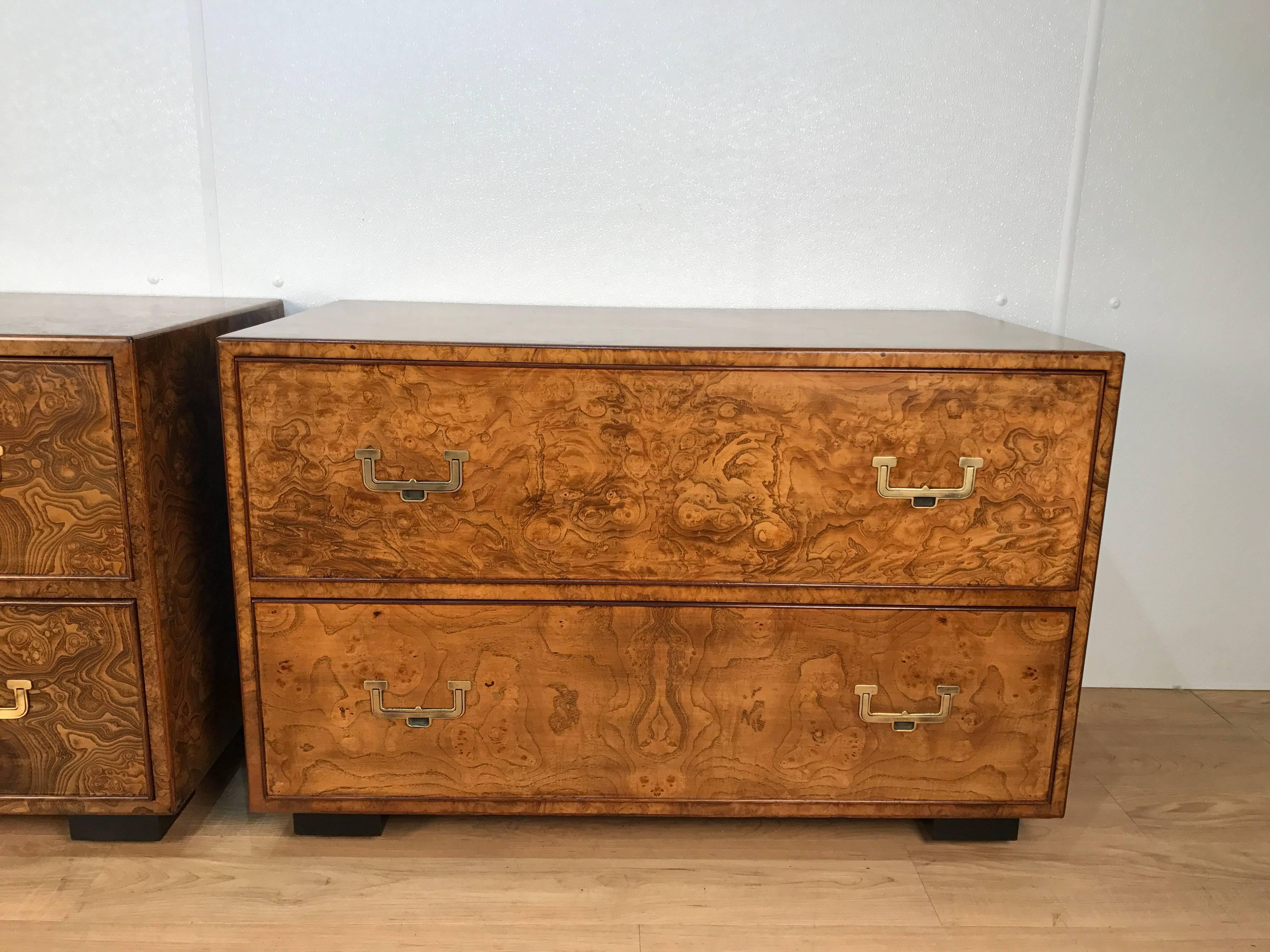 Mid-Century Modern Pair of Burl Wood Campaign Style Chests by Widdicomb