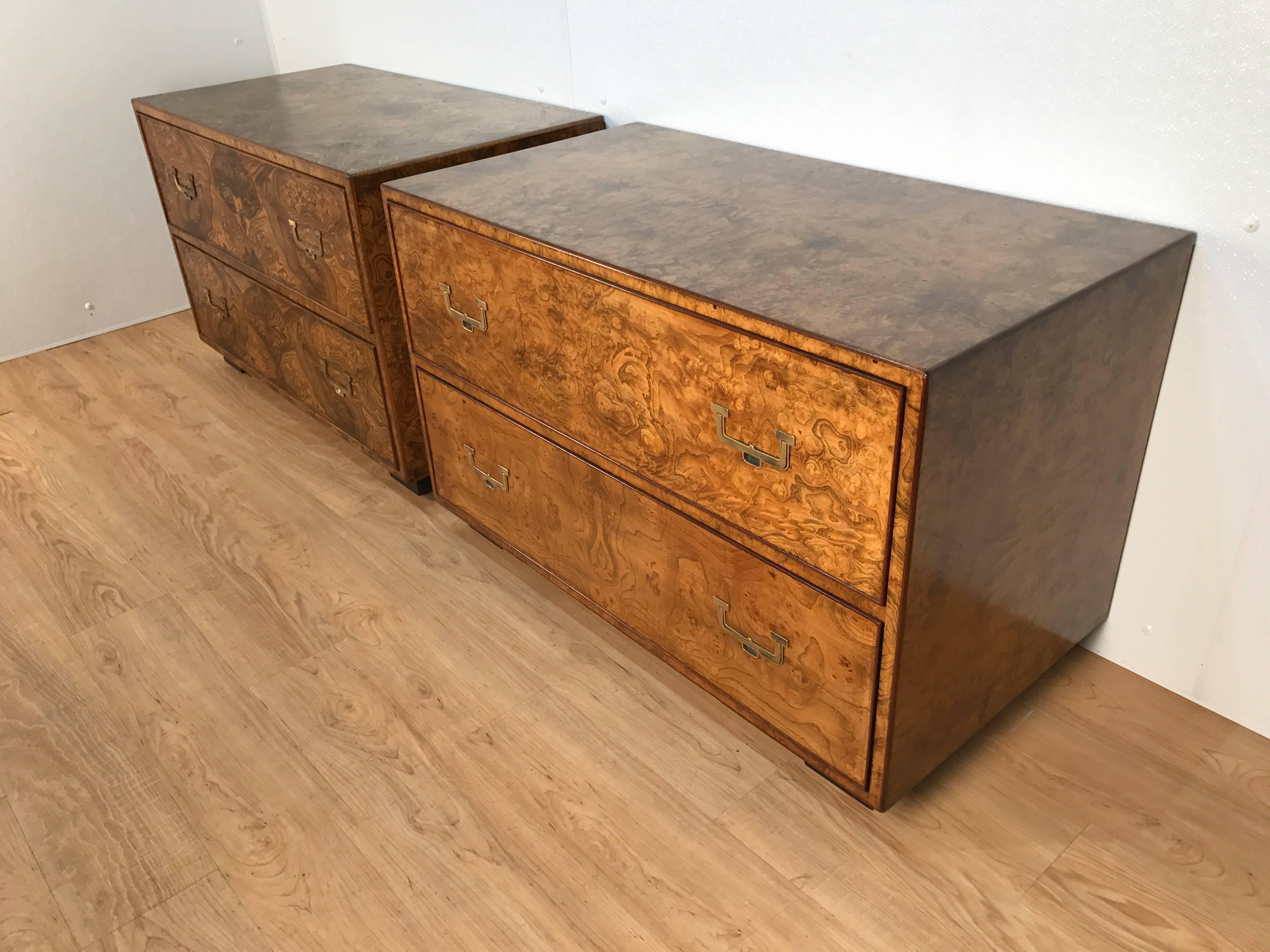 Pair of Burl Wood Campaign Style Chests by Widdicomb In Excellent Condition In Oaks, PA