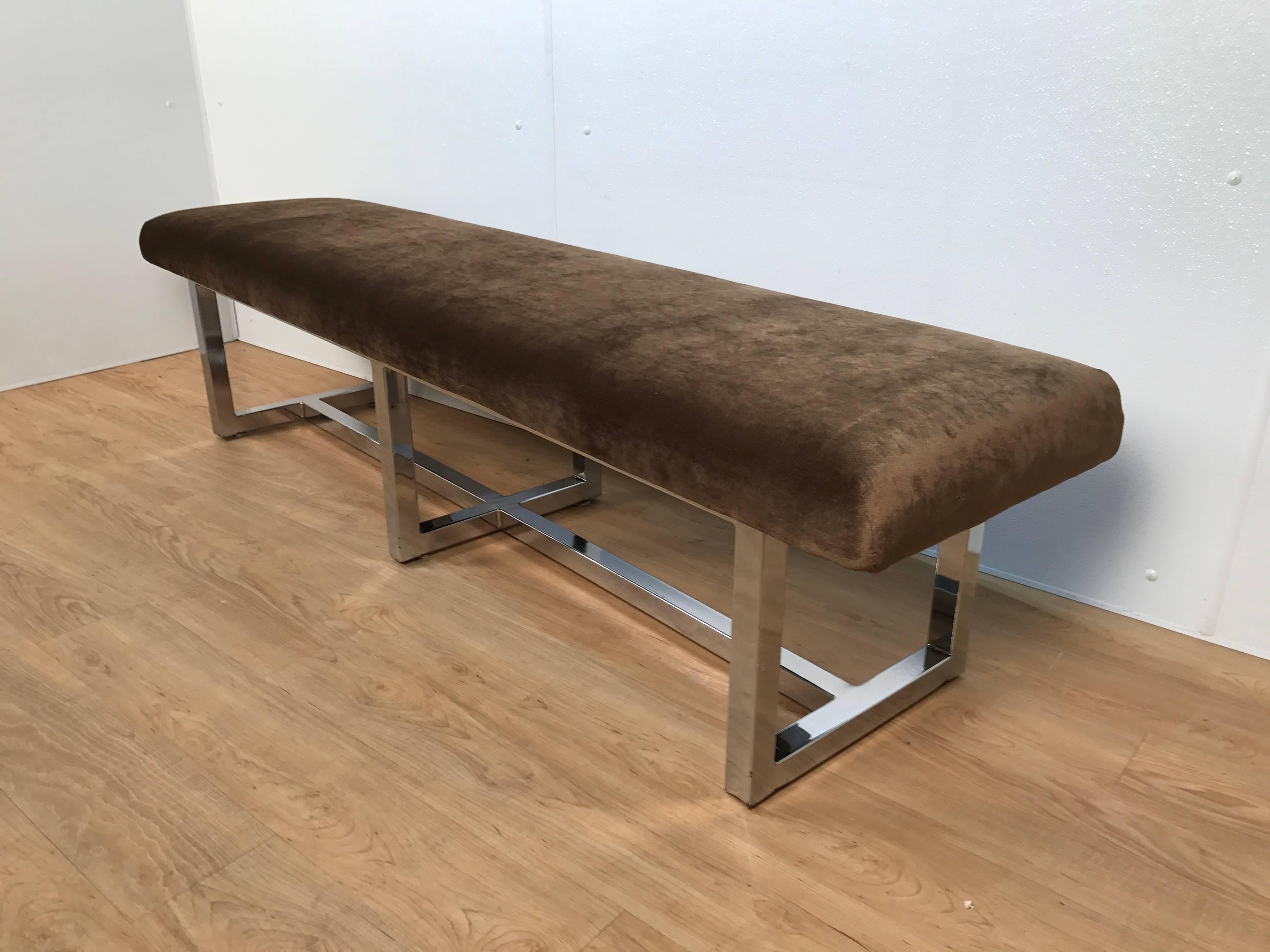 Milo baughman long chrome bench, 60 inches wide. Newly upholstered.