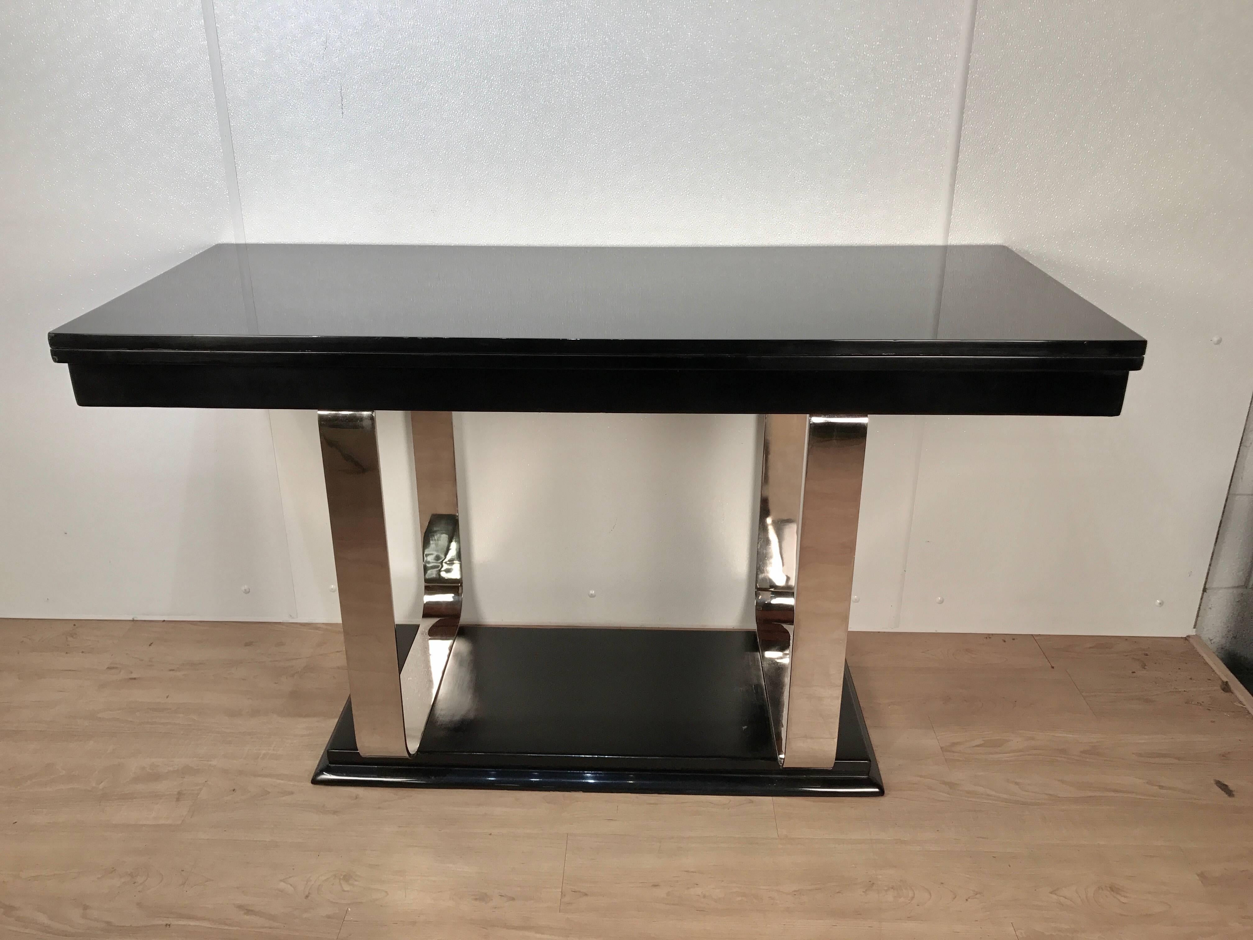 Art Deco lacquer and chrome console or dining table, exquisite versatile table perfect for small spaces, dual function serves as a streamlined console table, with a flip-top revealing a 64