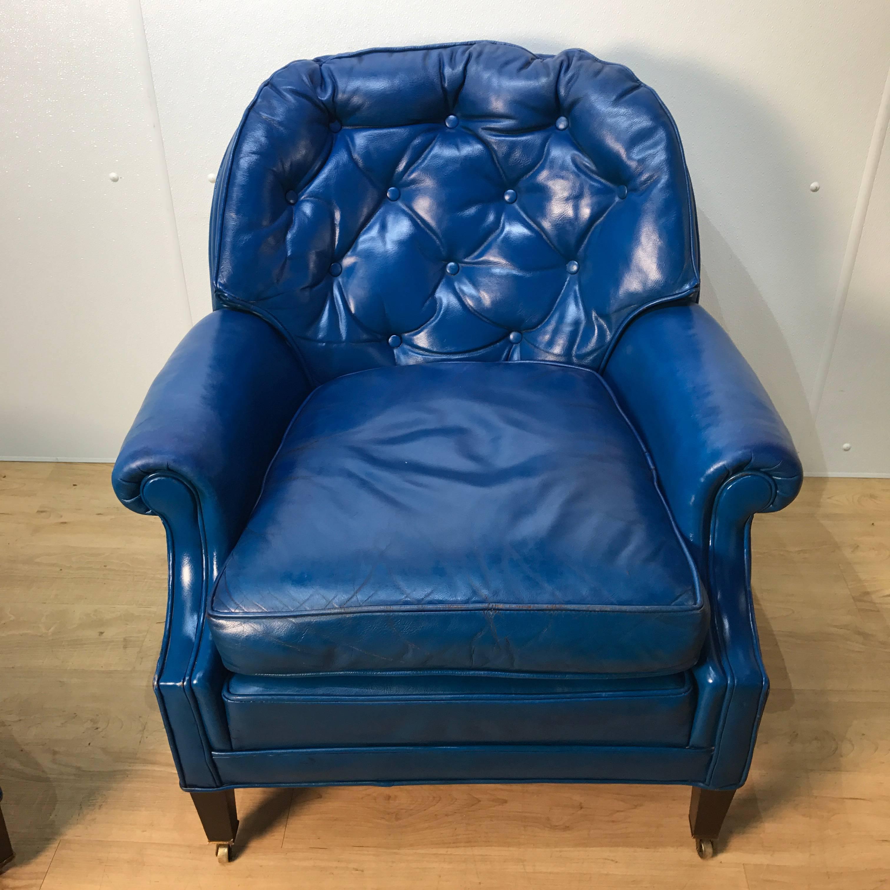 Chesterfield Style Blue Leather Club Chair Suite In Good Condition In Oaks, PA