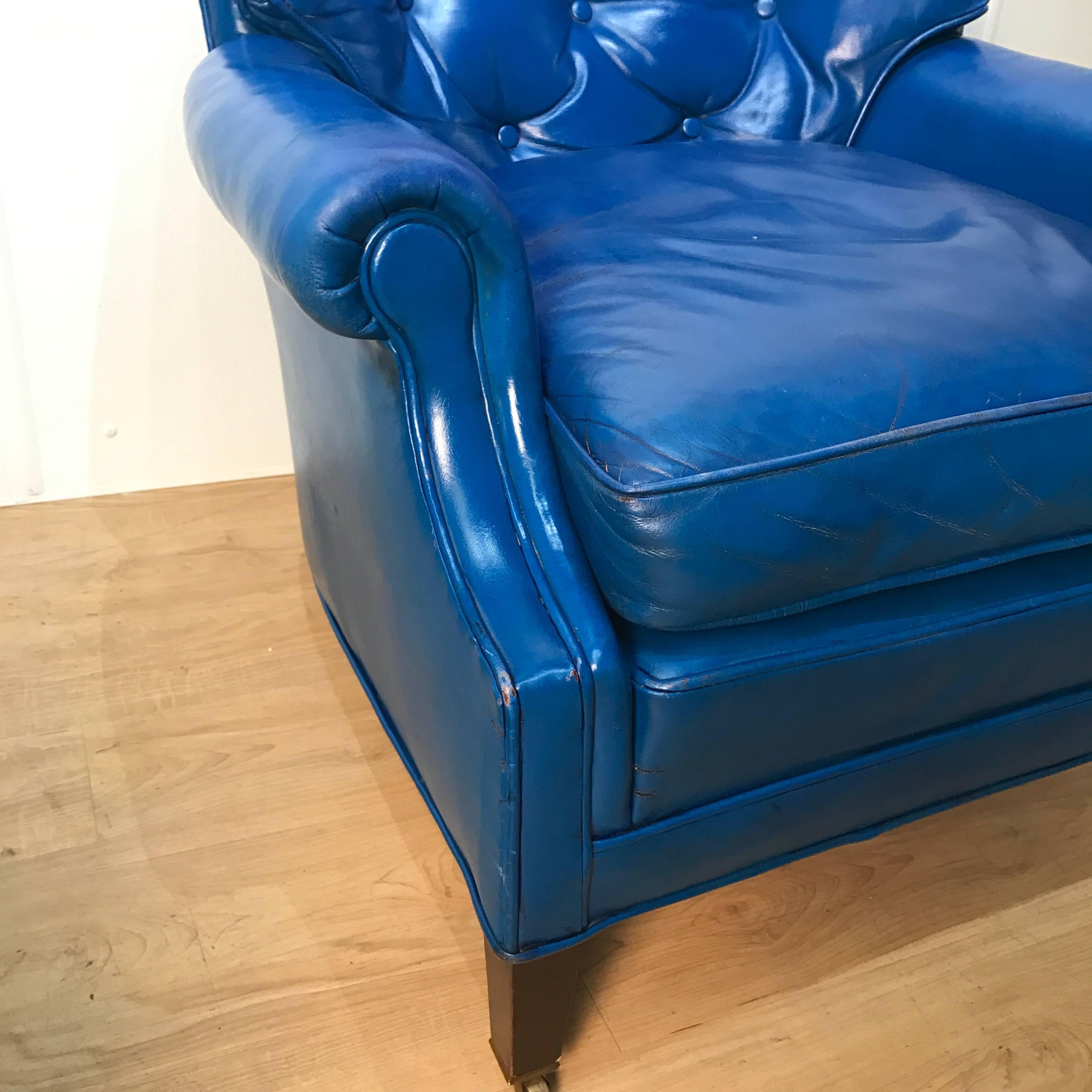 Mid-20th Century Chesterfield Style Blue Leather Club Chair Suite