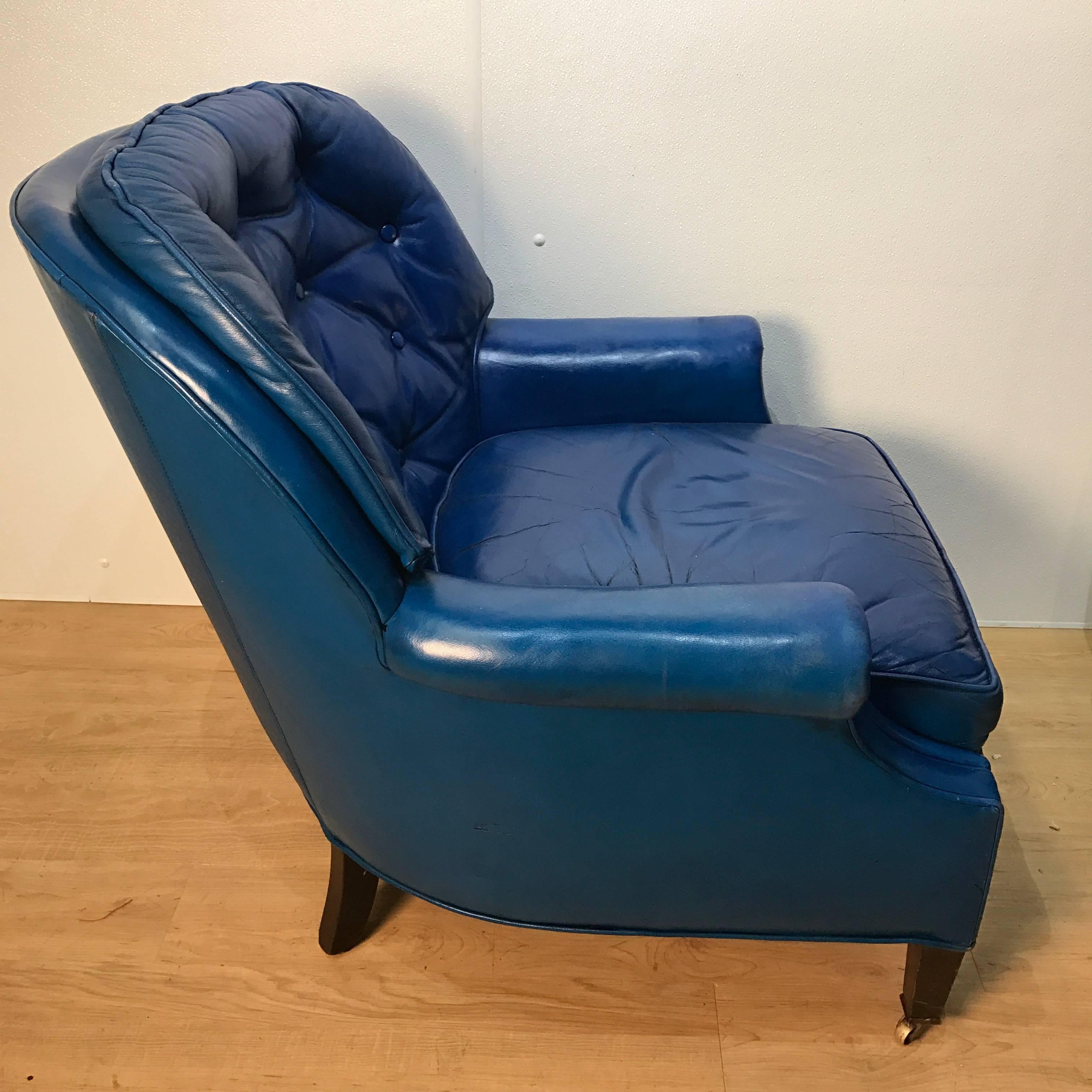 Brass Chesterfield Style Blue Leather Club Chair Suite