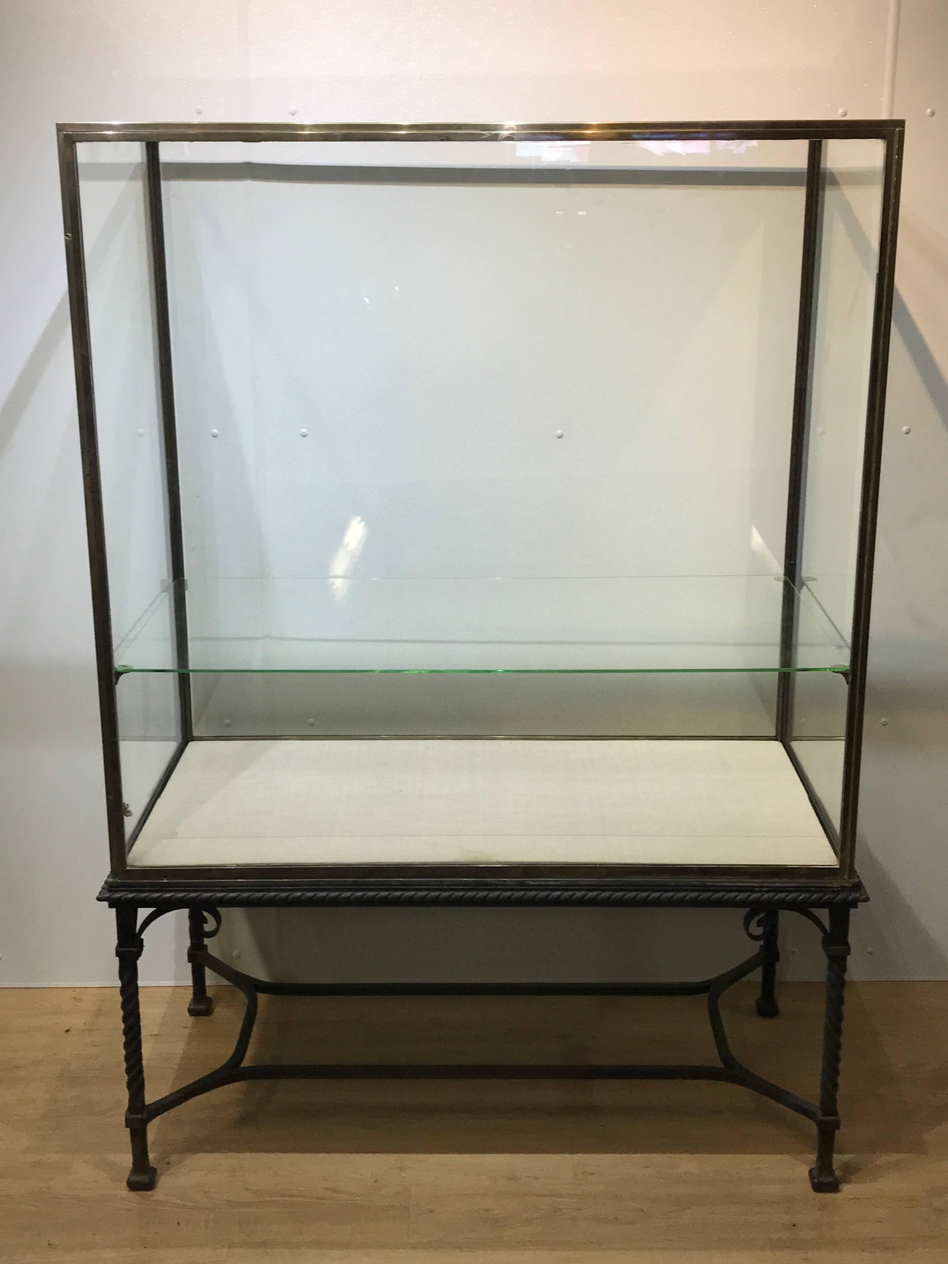 Pair of Belle Époque museum display cases, each one of large brass-mounted glass paneled cabinets, on a rope twisted forged iron base. The upper case measures 49" x 48" x 25; the interior of the glass case is 49" x 24.5". The