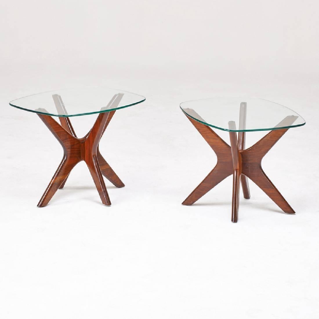 Adrian Pearsall for Craft Associates end tables, each one with glass tops resting on beautifully finished walnut "Jacks" base.

 