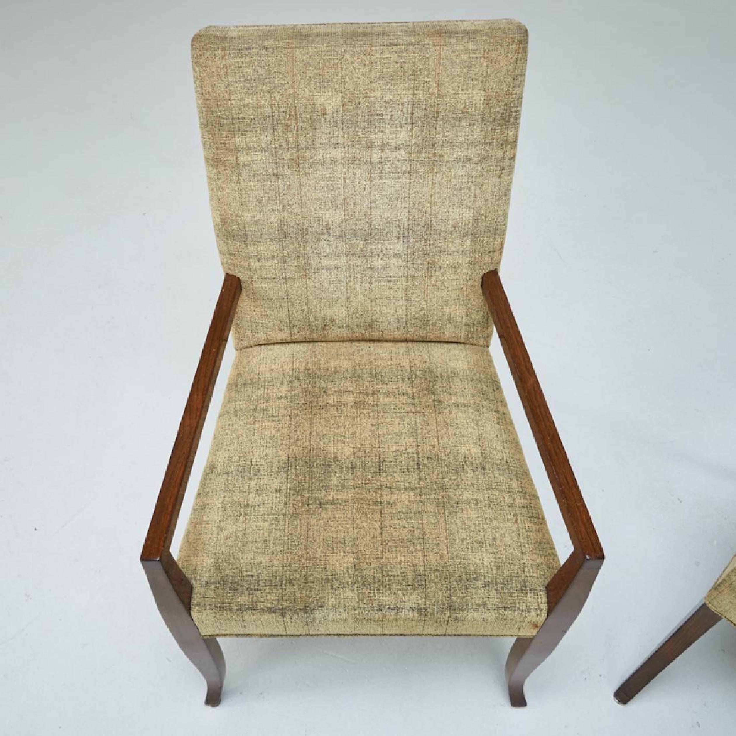 Six T. H. Robsjohn-Gibbings dining chairs, Consisting of 2 Arm & 4 Side Chairs
hard to find comfortable upholstered backrest and seat dining chairs consisting of two armchairs 37.5