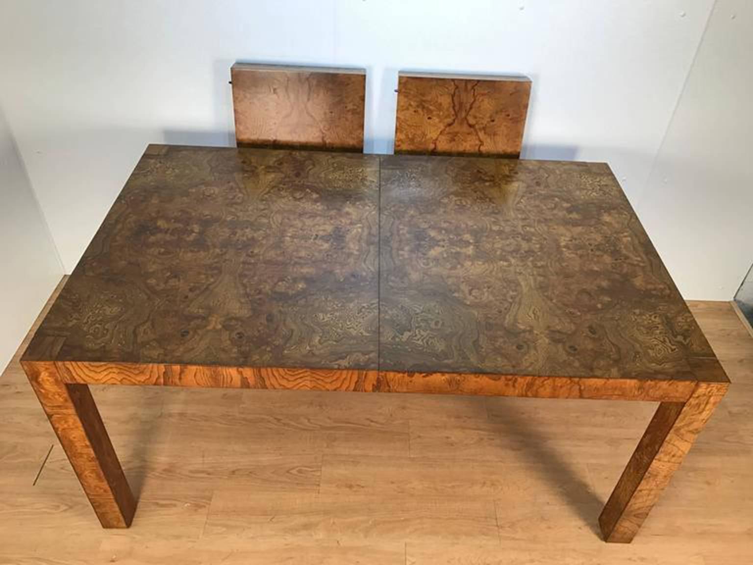 Stunning Burl Wood Parsons Dining Table by Milo Baughman
Length of dining table with two boards measures 100" L. Each board measures 17.75" and with no boards the table measures 64.5" L.

 